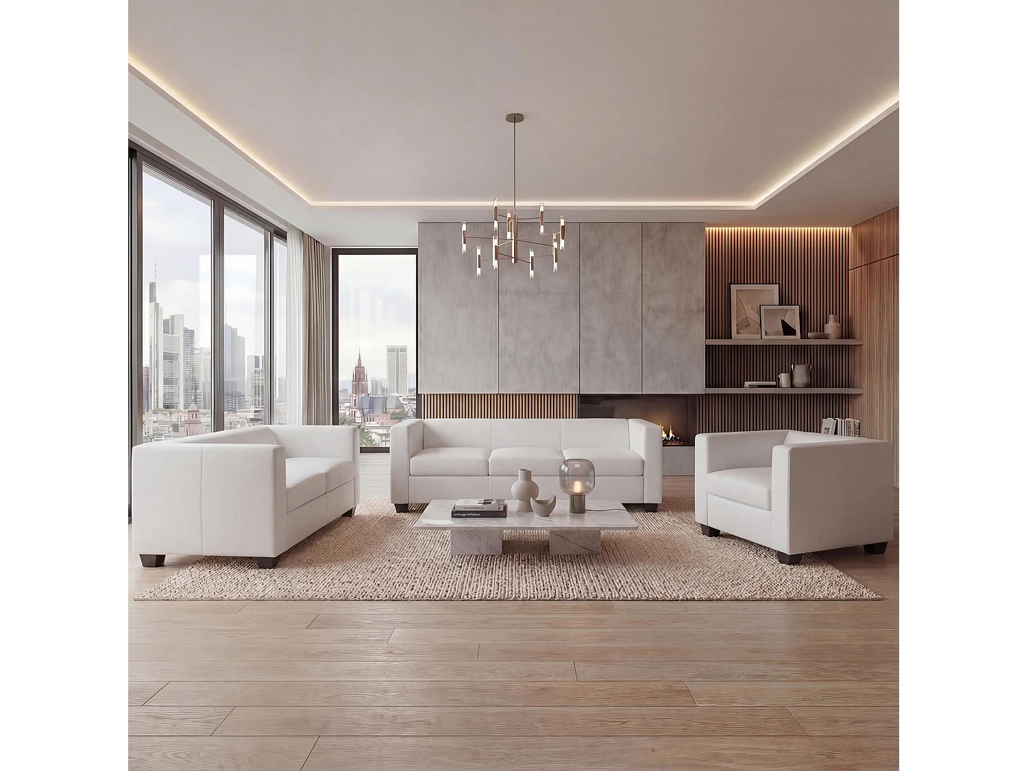 Salotto componibile lounge moderno elegante Lille M65 composizione 3-2-1 ecopelle bianco