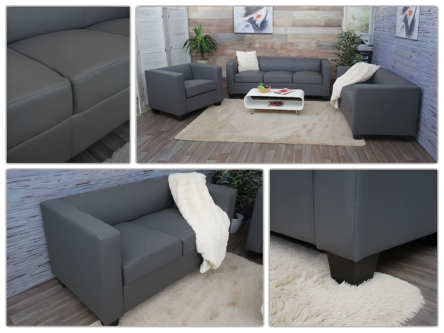 Zestaw sof 3-2-1 Lille (3-częściowy),  imitacja skóry, ciemnoszary