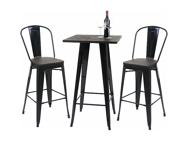 Set 2x sgabelli con schienale e tavolino alto bistrot design industriale MCW-A73 legno metallo verniciato nero