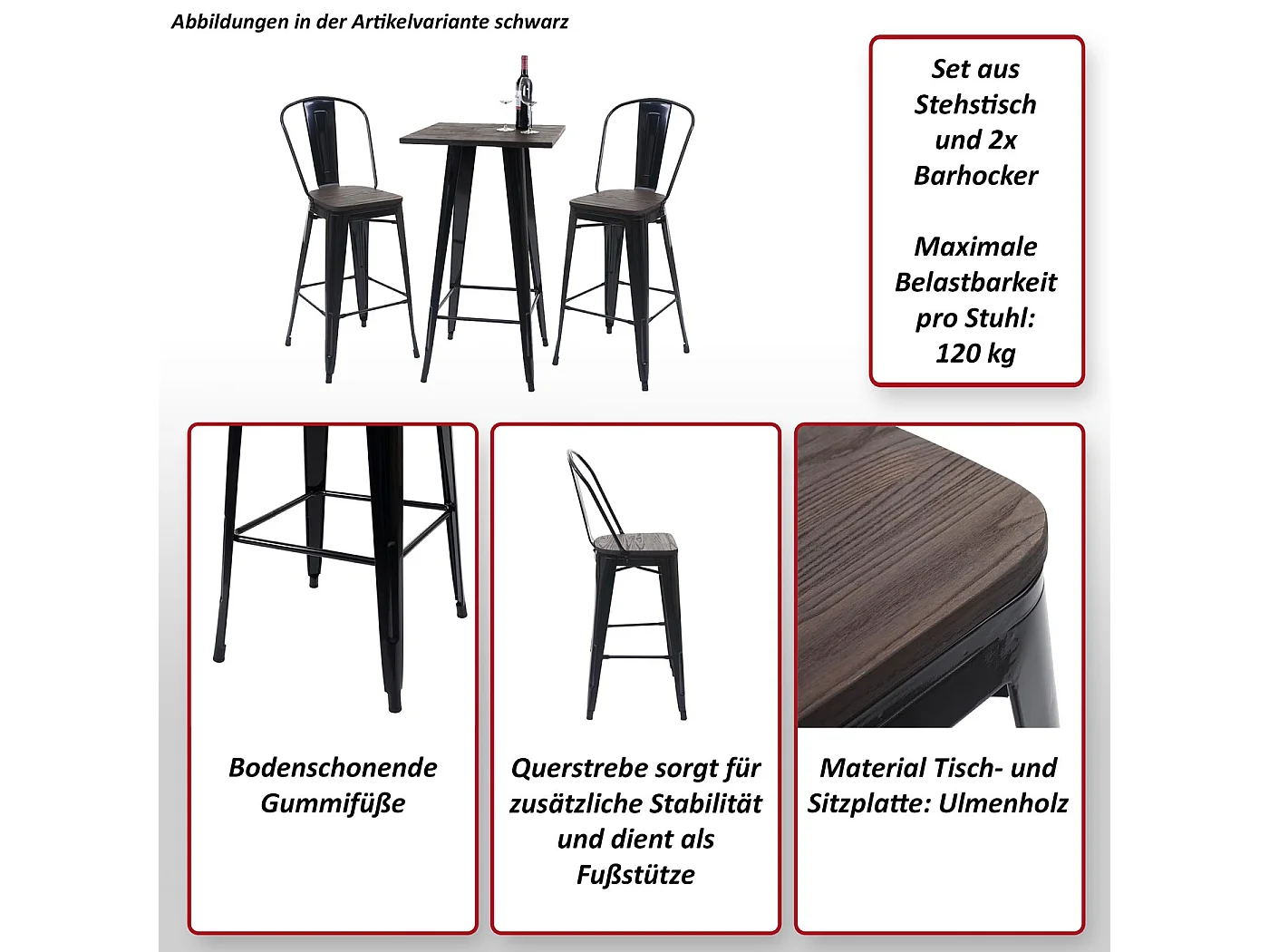 MCW-A73 Juego de mesa de bar de metal (3 piezas),  negro