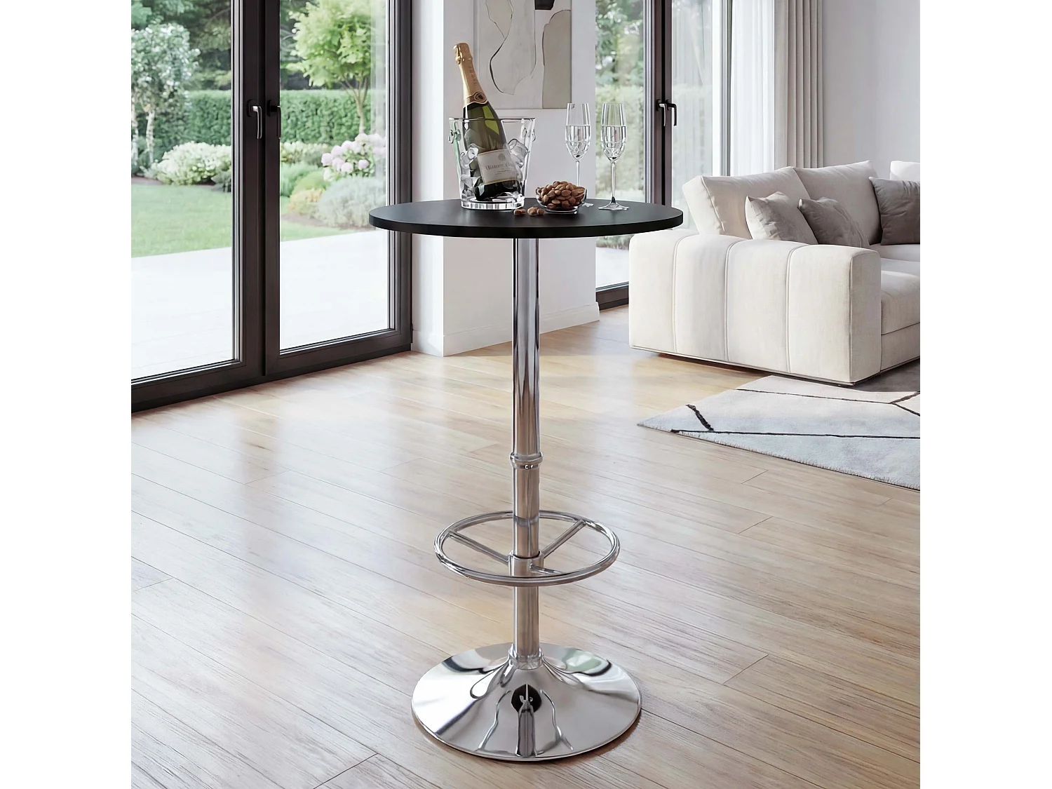 Table haute Bilbao repose-pieds, Table de bar / table haute Bari, ronde, avec repose-pied, 109x60x60cm, noir