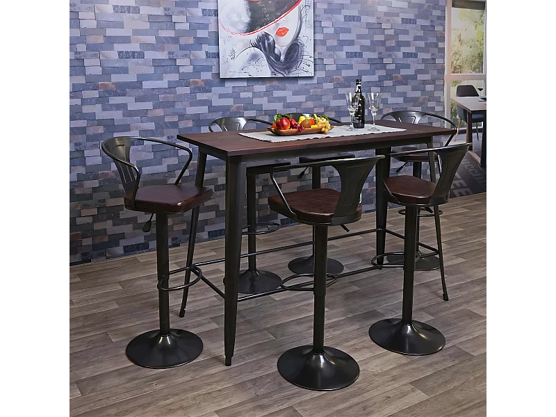 Tavolo alto design industriale MCW-H10 acciaio verniciato legno di olmo marrone