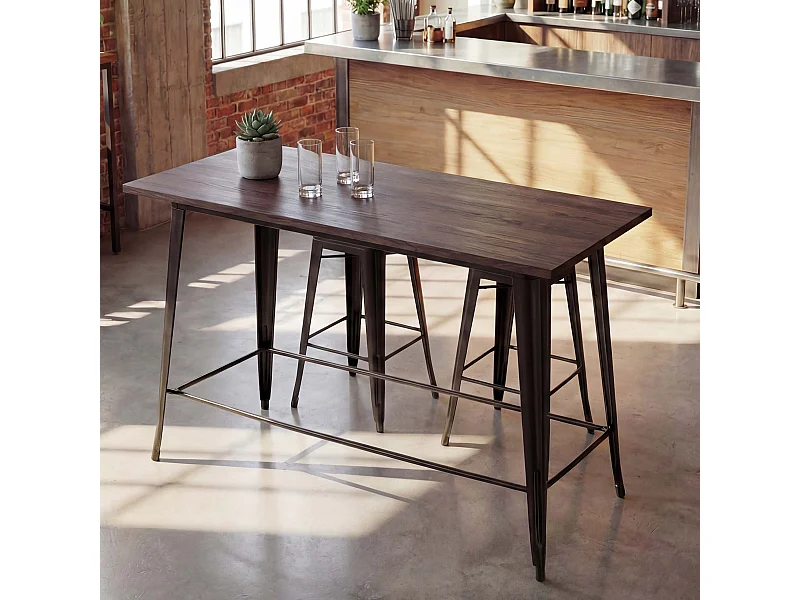 Tavolo alto design industriale MCW-H10 acciaio verniciato legno di olmo marrone