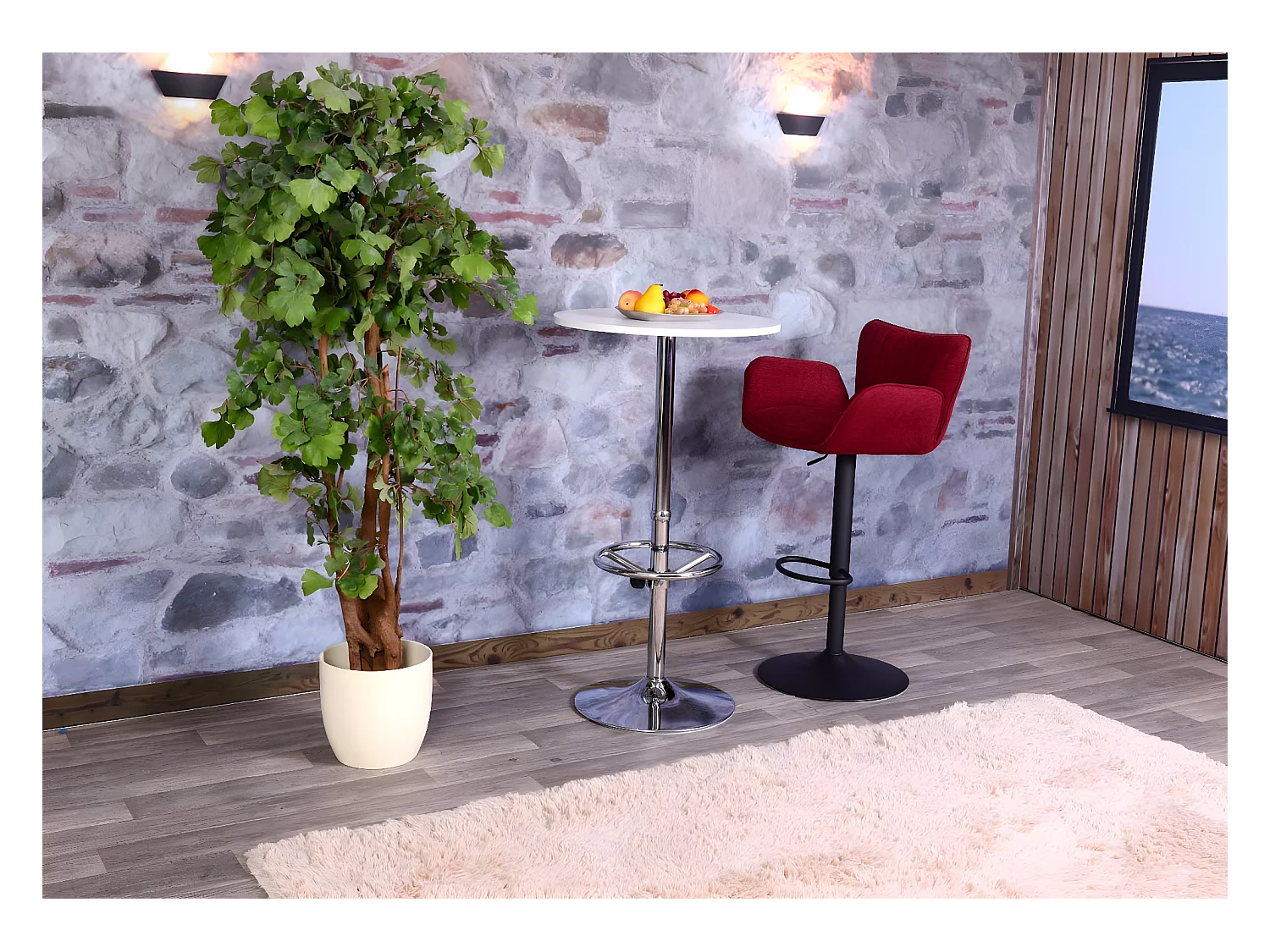 Tavolo bar lounge elegante Bari con poggiapiedi regolabile 109x60cm legno cromo bianco