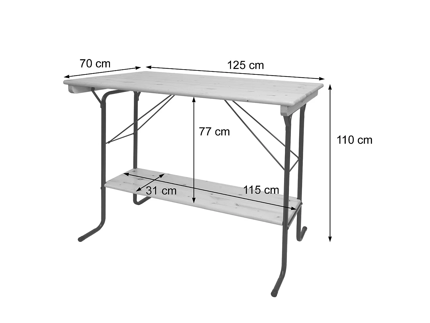 Tavolo alto pieghevole da esterno campeggio fiera MCW-L67 110x125x70cm metallo legno massello chiaro