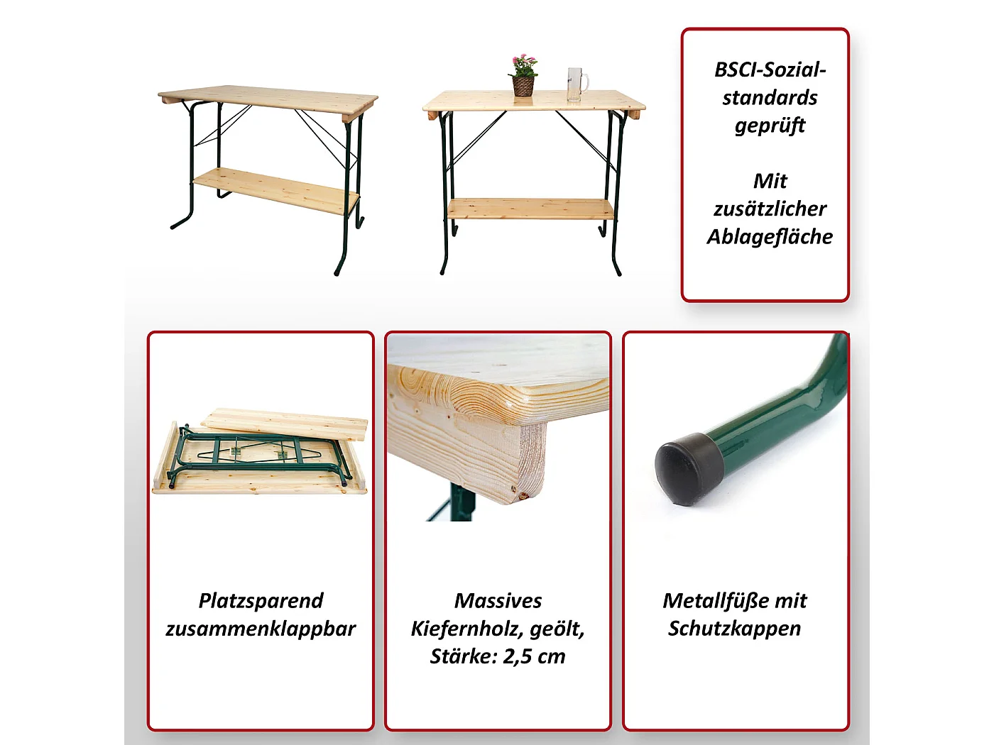 Tavolo alto pieghevole da esterno campeggio fiera MCW-L67 110x125x70cm metallo legno massello chiaro