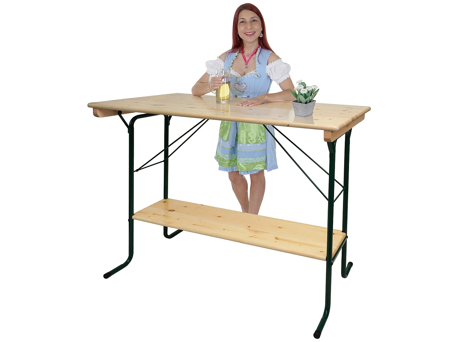 Tavolo alto pieghevole da esterno campeggio fiera MCW-L67 110x125x70cm metallo legno massello chiaro