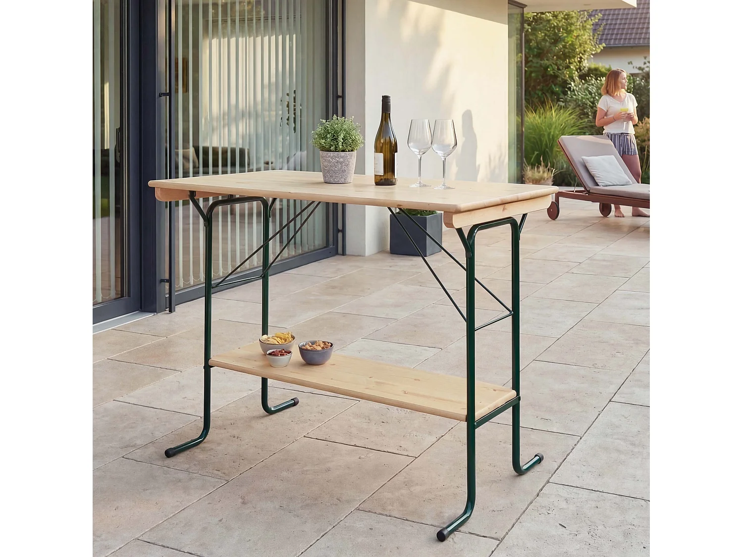 Tavolo alto pieghevole da esterno campeggio fiera MCW-L67 110x125x70cm metallo legno massello chiaro