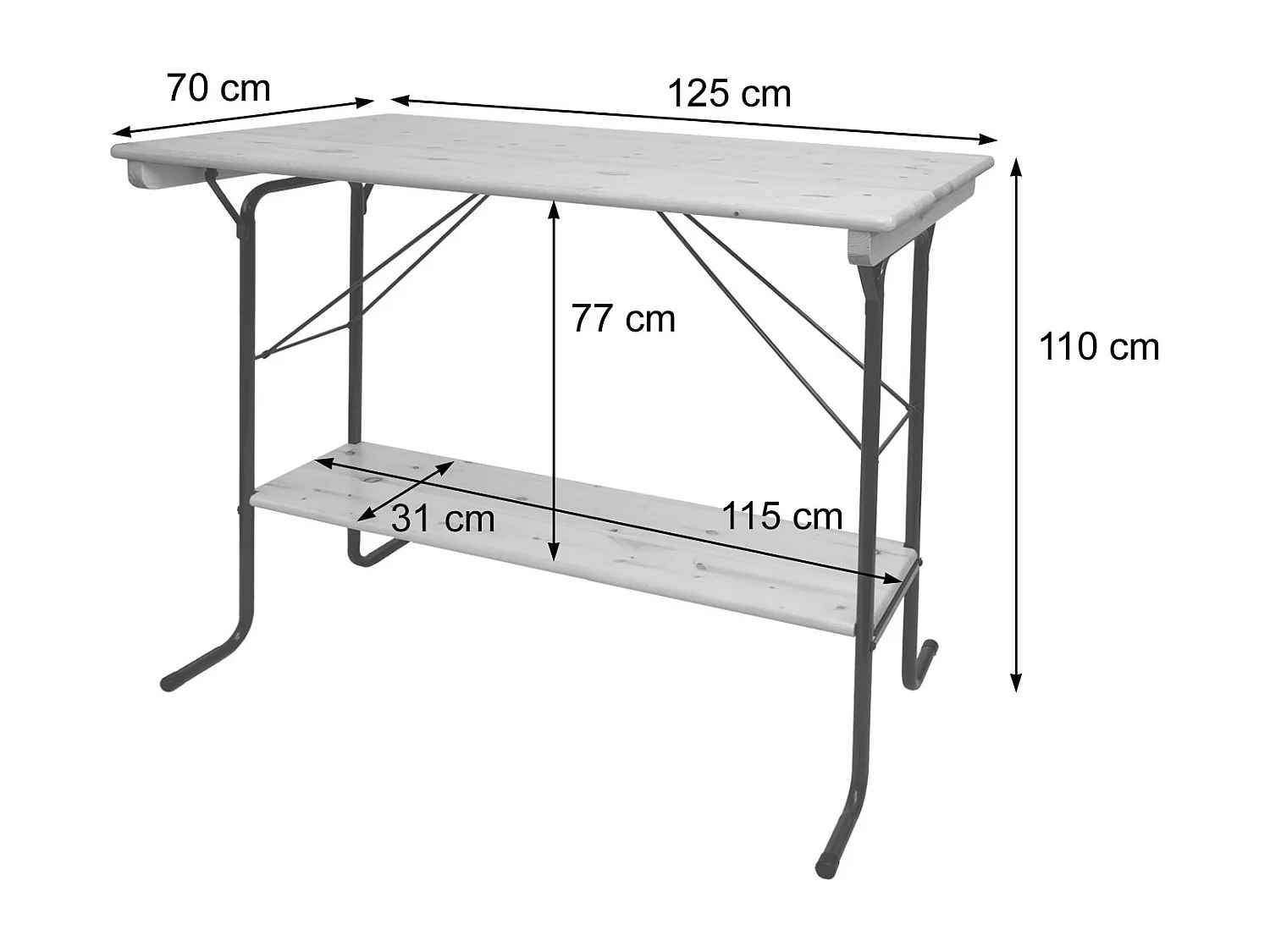 Tavolo alto pieghevole da esterno campeggio fiera MCW-L67 110x125x70cm metallo legno massello chiaro