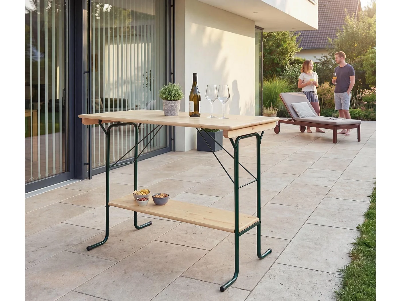 Tavolo alto pieghevole da esterno campeggio fiera MCW-L67 110x125x70cm metallo legno massello chiaro