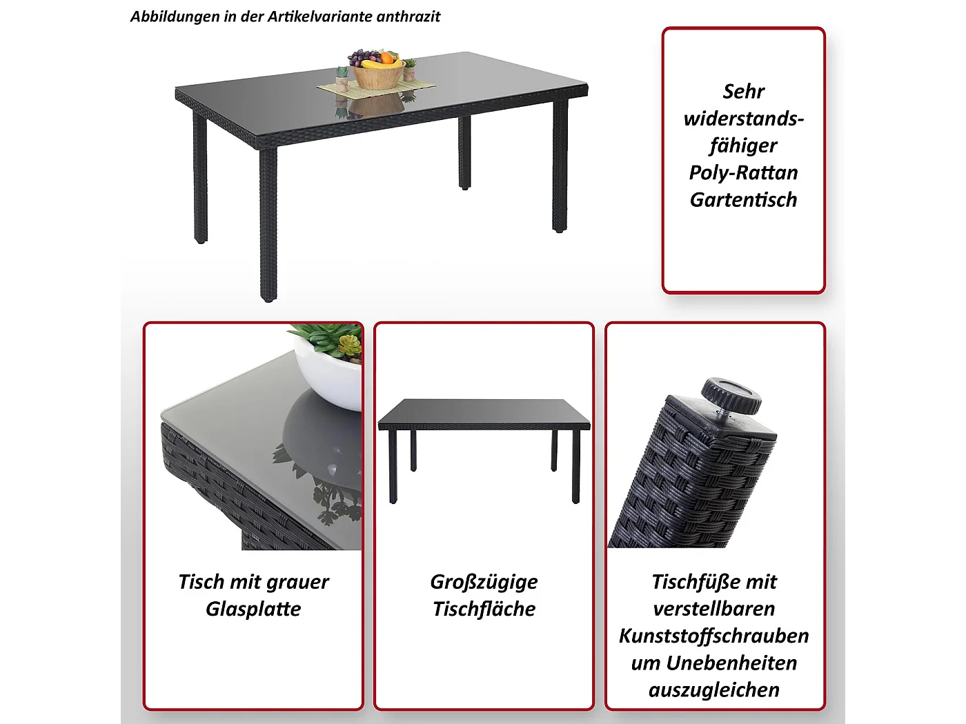 Poli rattanowy stół ogrodowy Chieti,  Szary