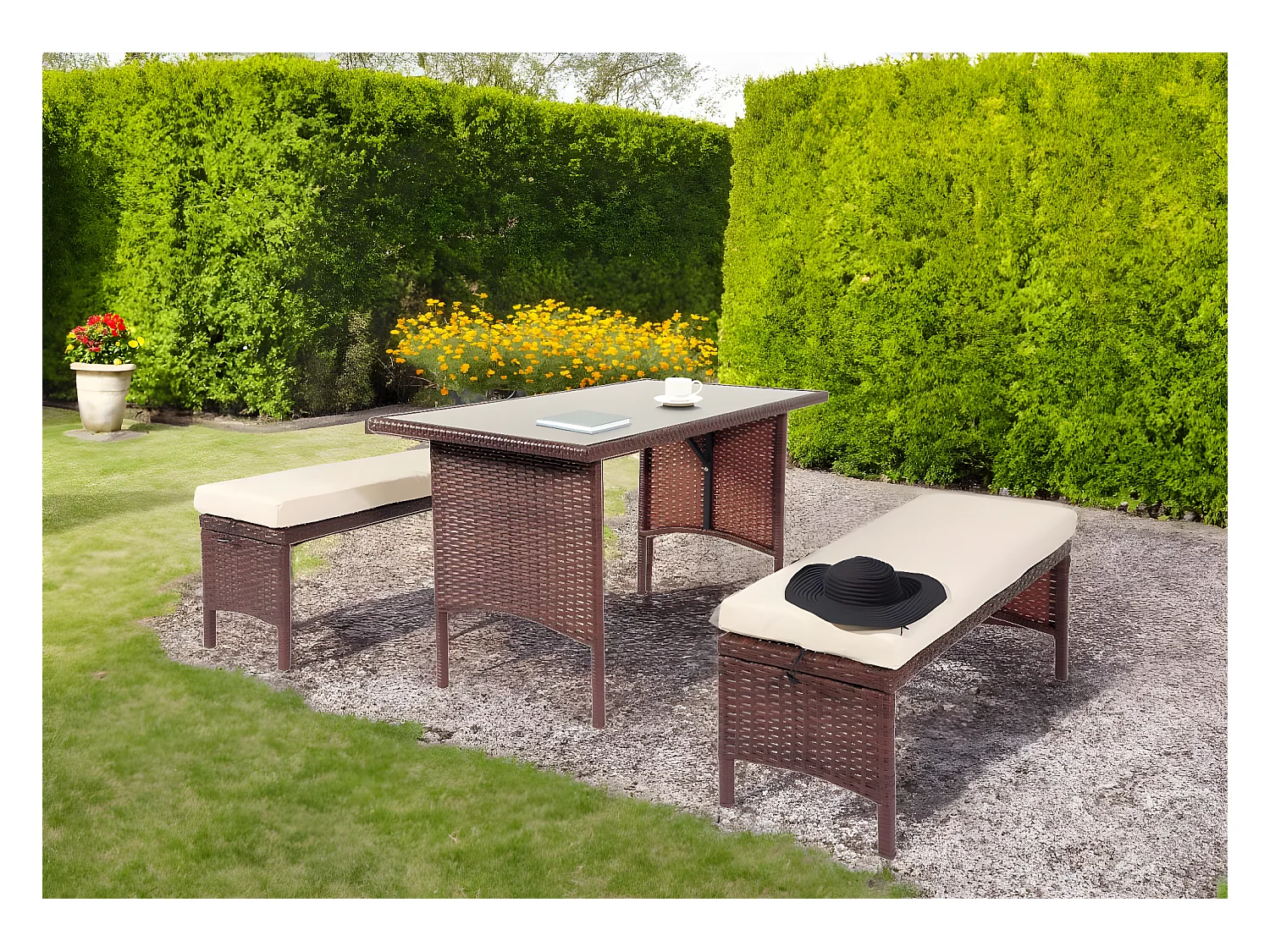Mesa de jantar em poli-rattan MCW-G16,  preto