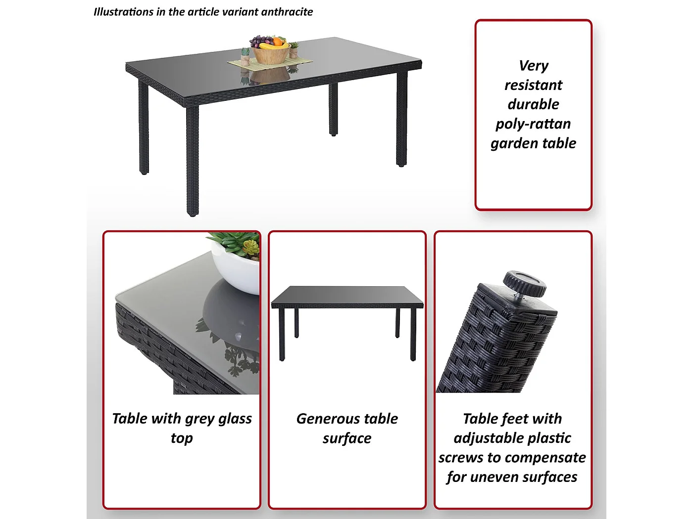 Stół ogrodowy z polyratanu Chieti,  antracytowy