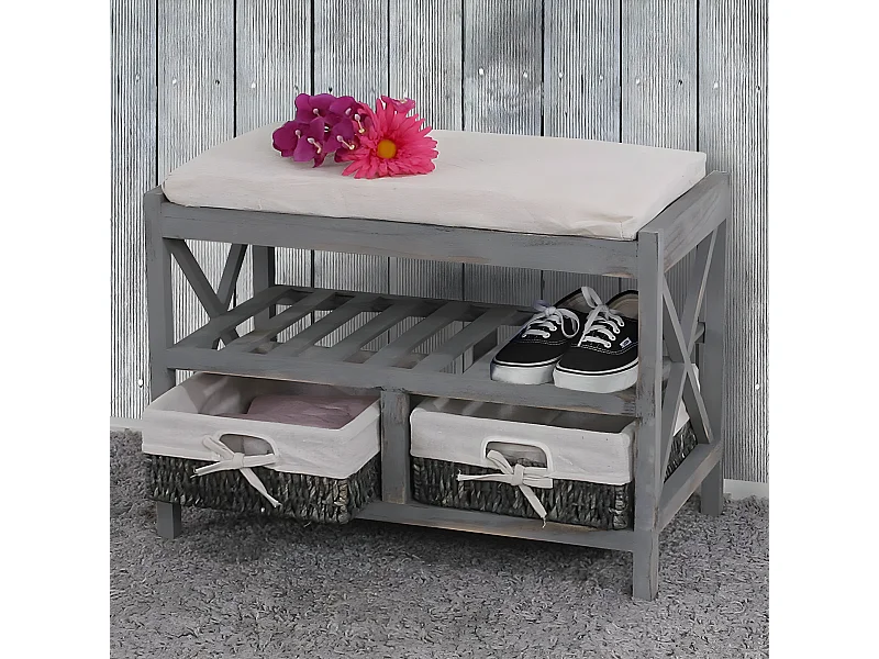 Panca cassettiera shabby vintage con 2 ceste e ripiano MCW-C48 legno di paulonia grigio