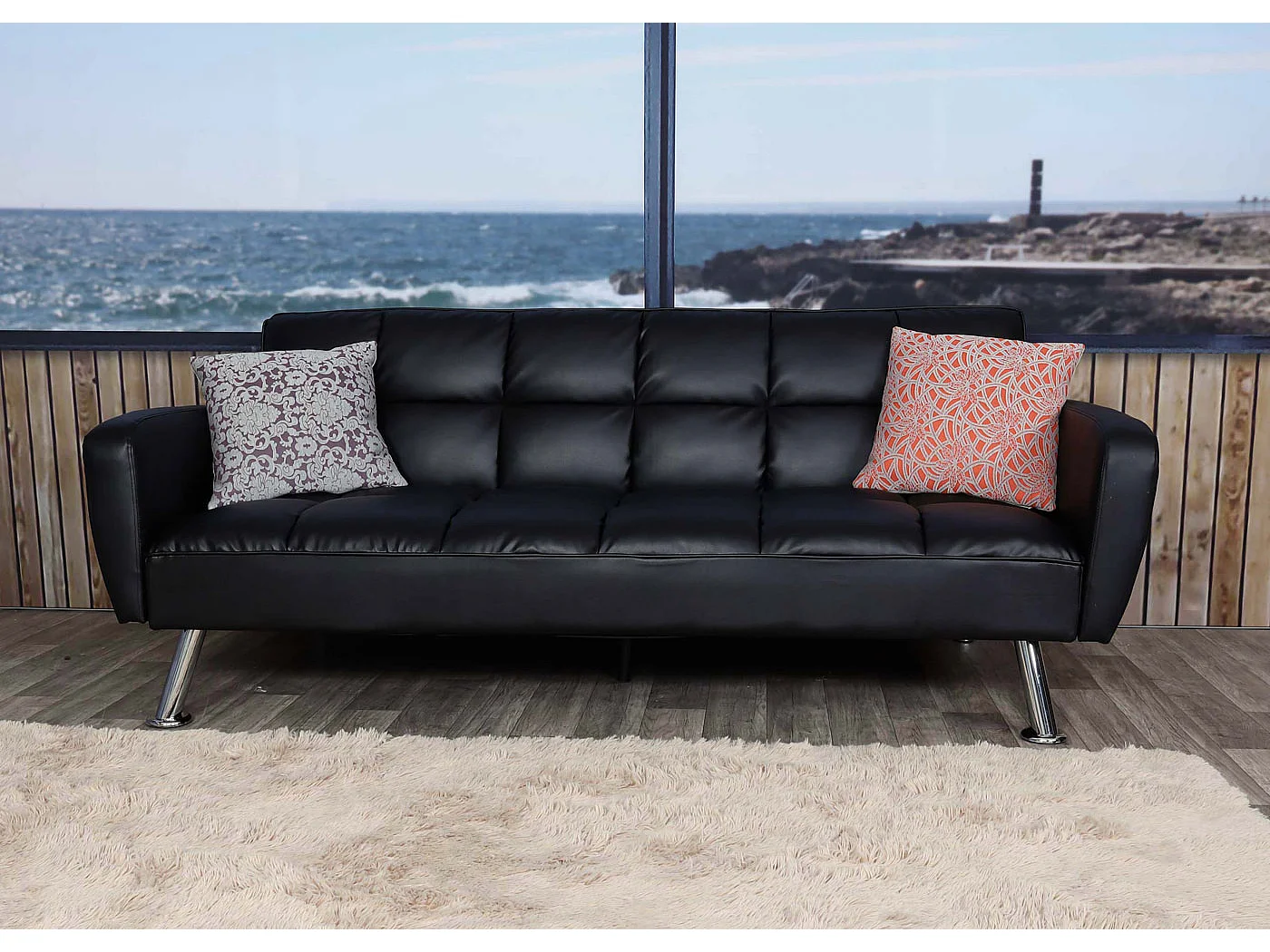 Divano letto sofà reclinabile MCW-K19 molle nosag legno ferro ecopelle nero