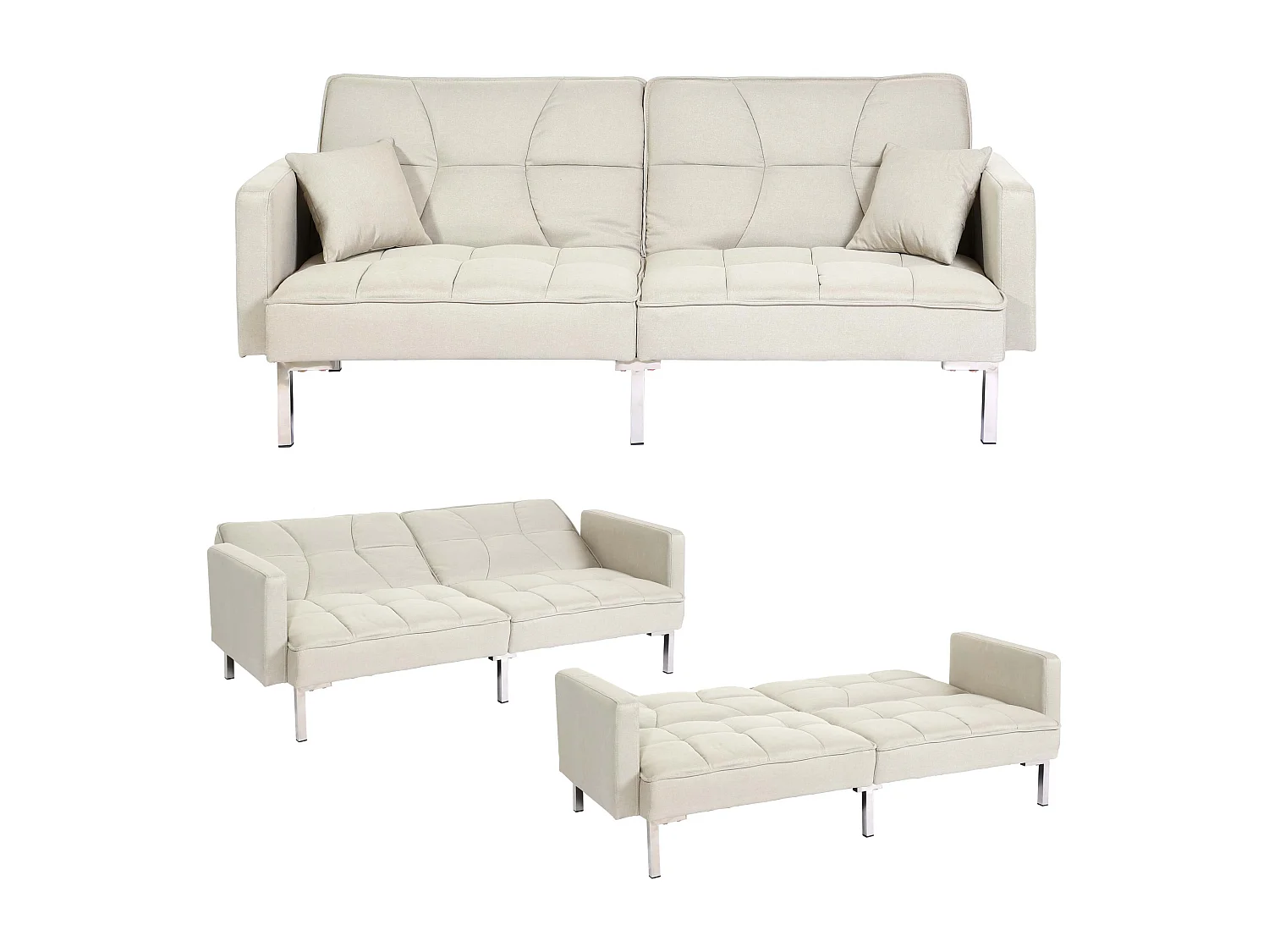 Divano letto sofà reclinabile 3 posizioni MCW-K65 tessuto avorio beige