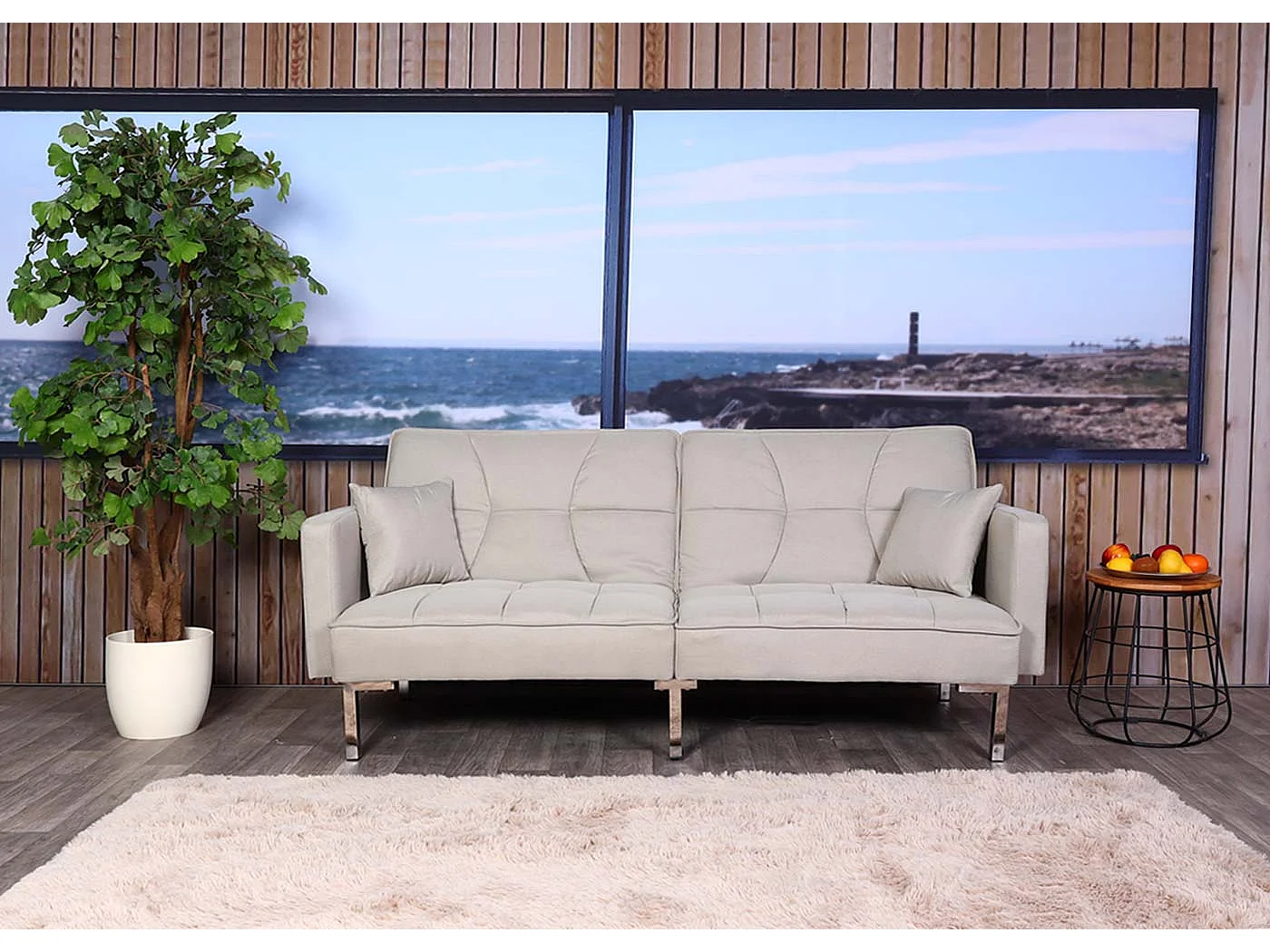 Divano letto sofà reclinabile 3 posizioni MCW-K65 tessuto avorio beige