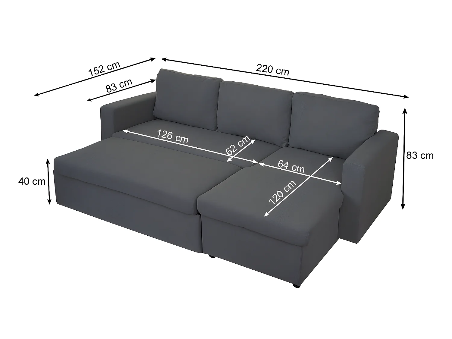 Divano letto angolare con penisola sofà reclinabile MCW-D92 tessuto grigio scuro