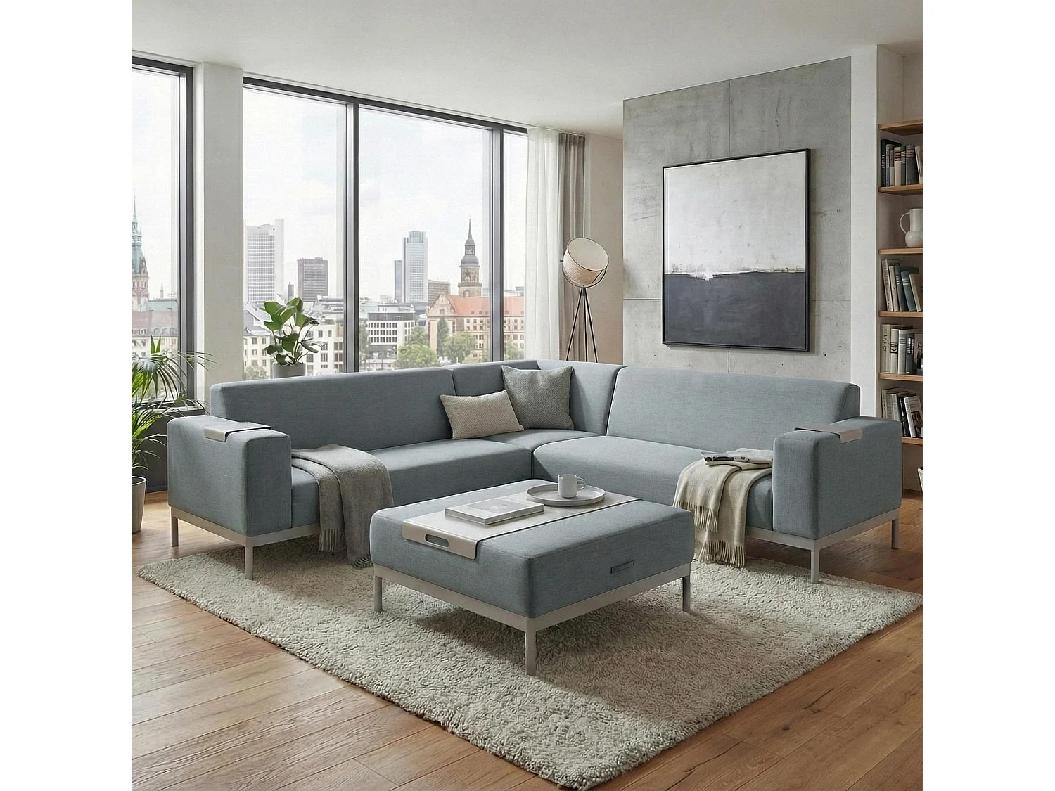 Ecksofa MCW-C47 mit Ablage, Blau mit Ablage
