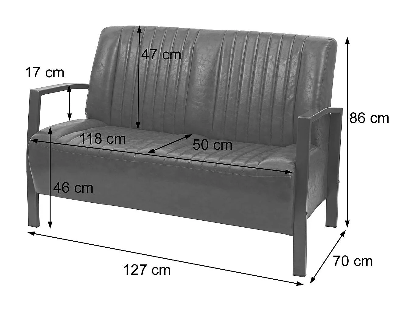 Divano due posti design industriale MCW-H10 acciaio verniciato ecopelle grigio
