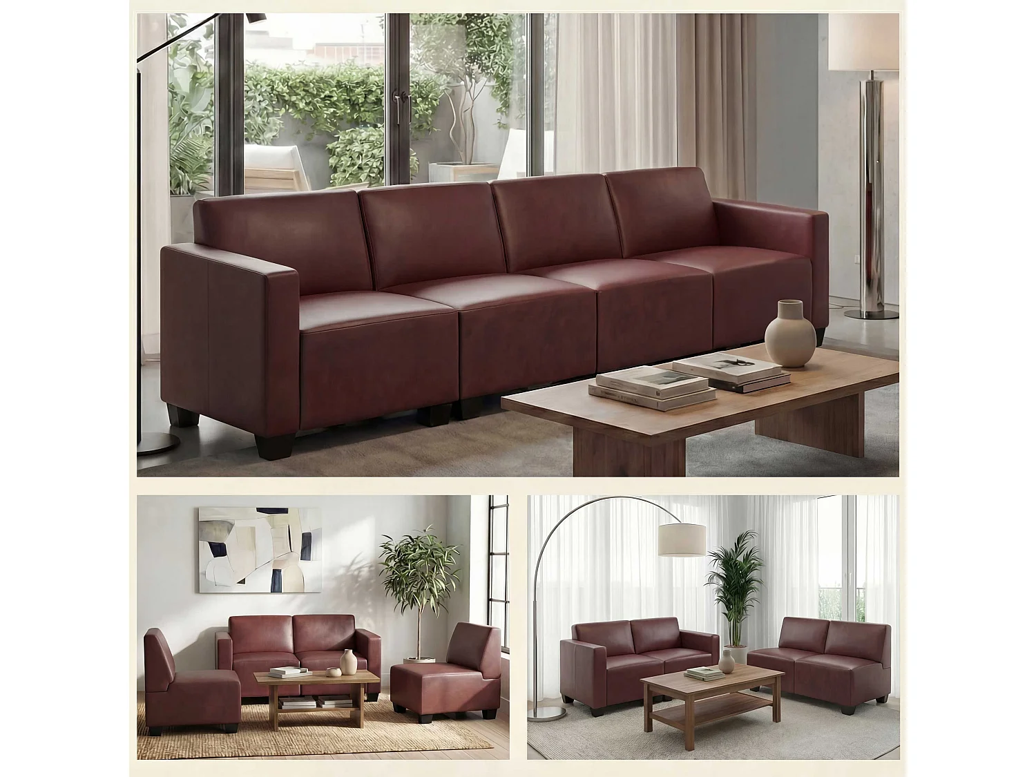 Canapé 4 places Moncalieri,  rouge-marron