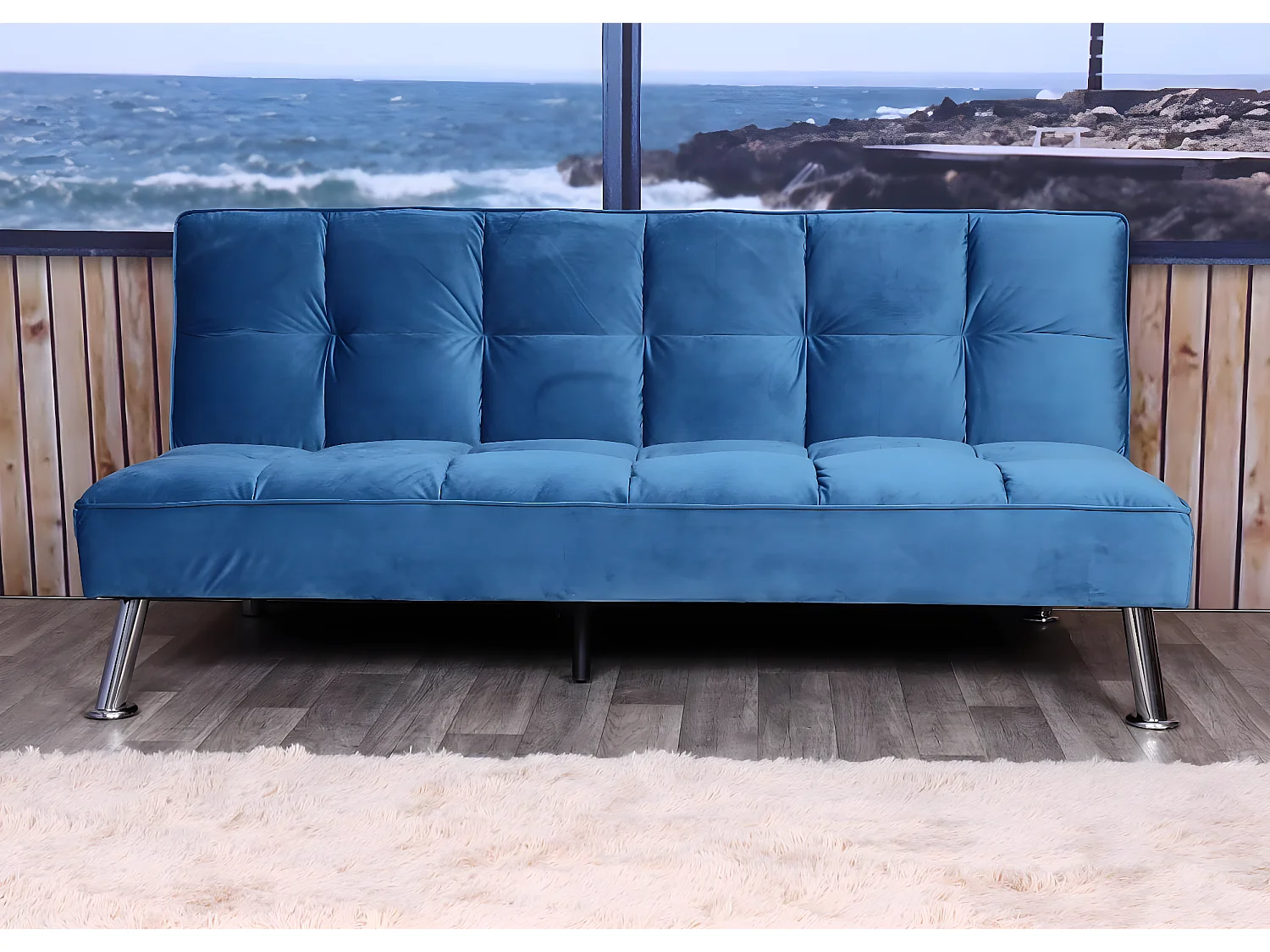 Divano letto sofà reclinabile MCW-K21 molle nosag legno ferro velluto blu