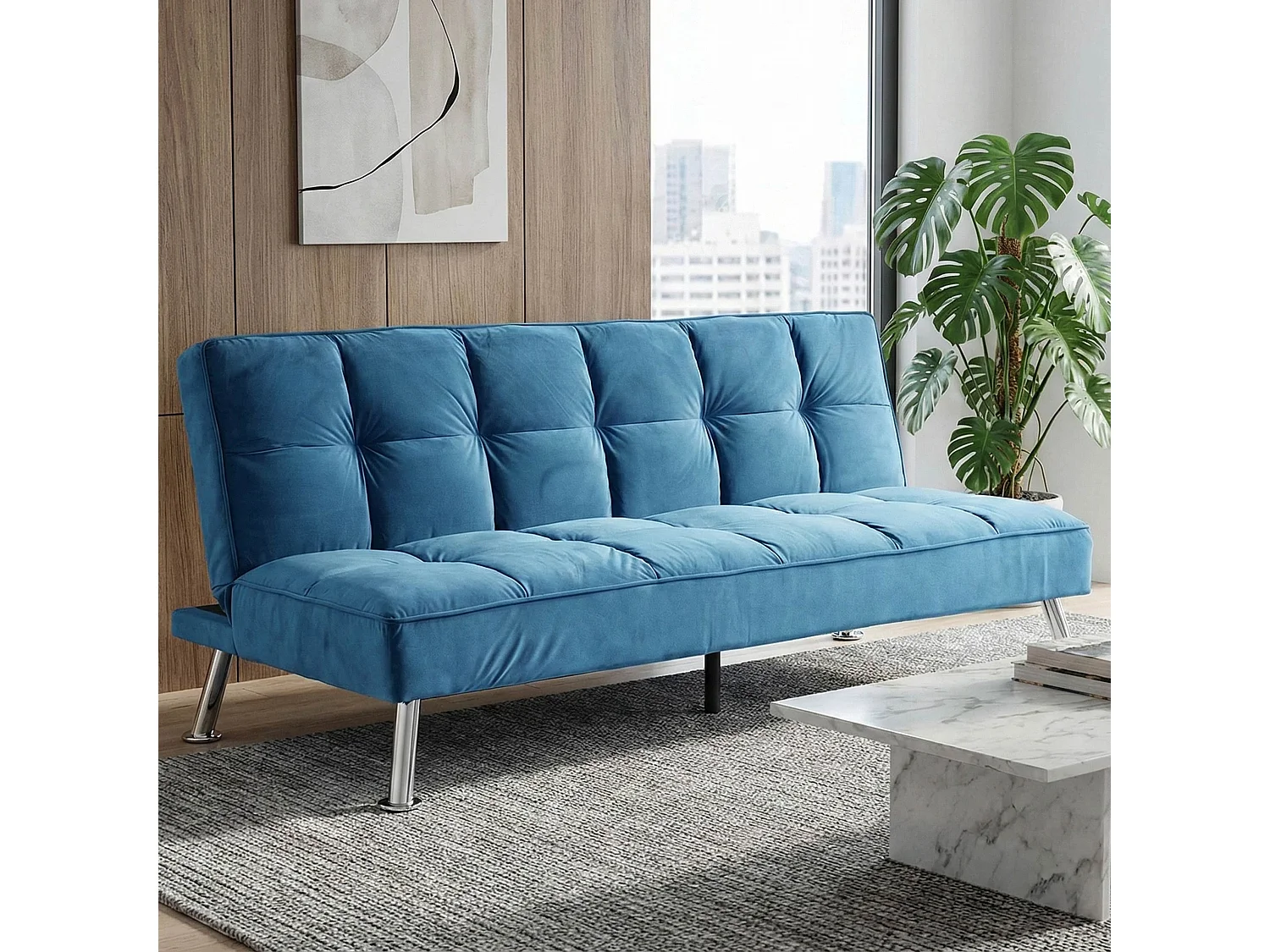 Divano letto sofà reclinabile MCW-K21 molle nosag legno ferro ~ velluto blu