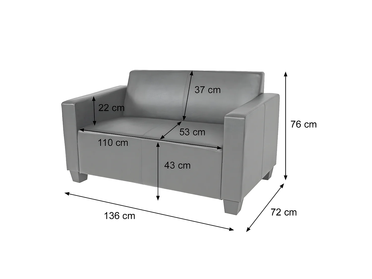 2er Sofa Moncalieri Kunstleder, Dunkelgrau