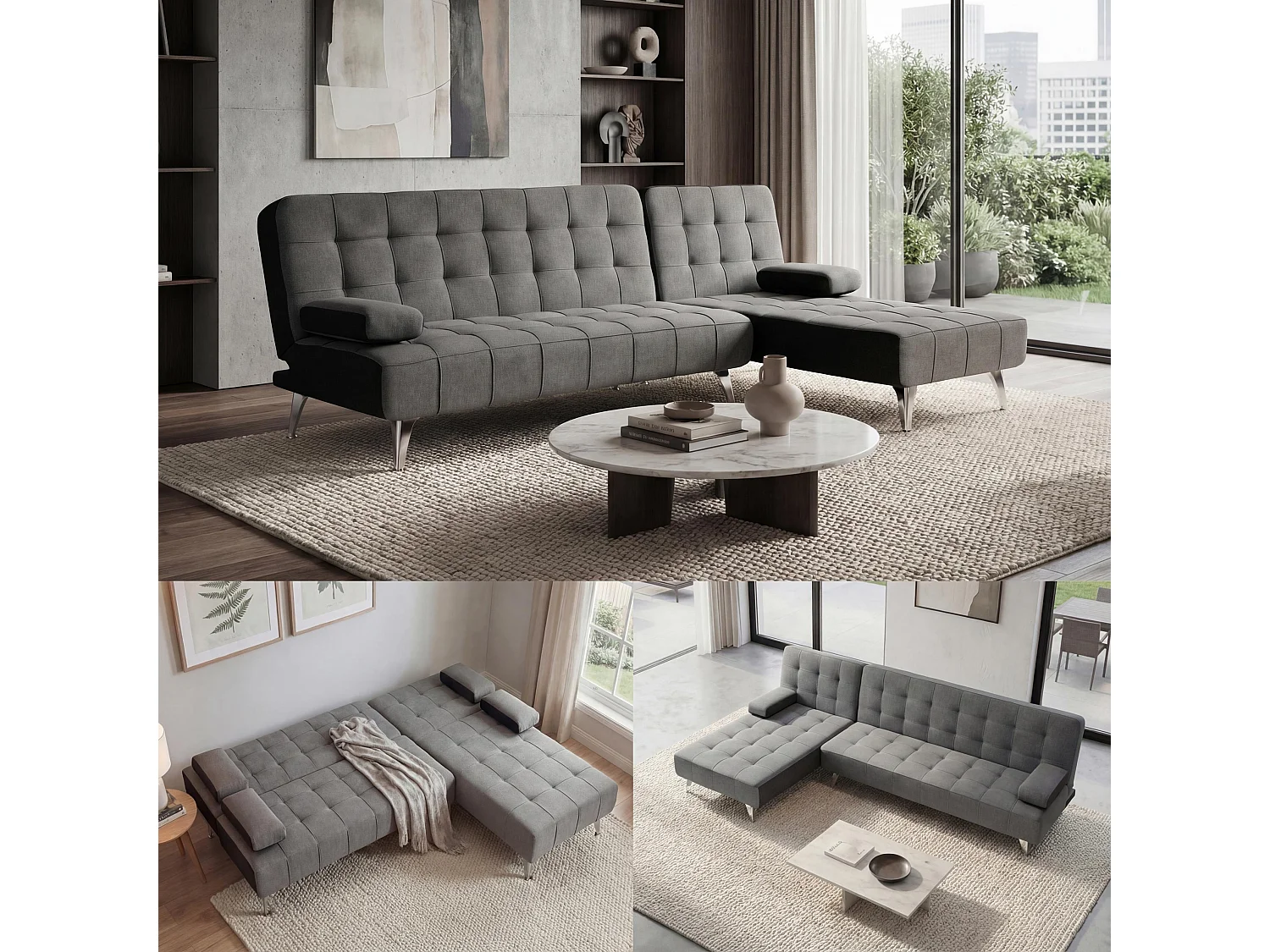 Divano letto angolare con penisola sofà reclinabile MCW-K22 legno tessuto grigio scuro e nero