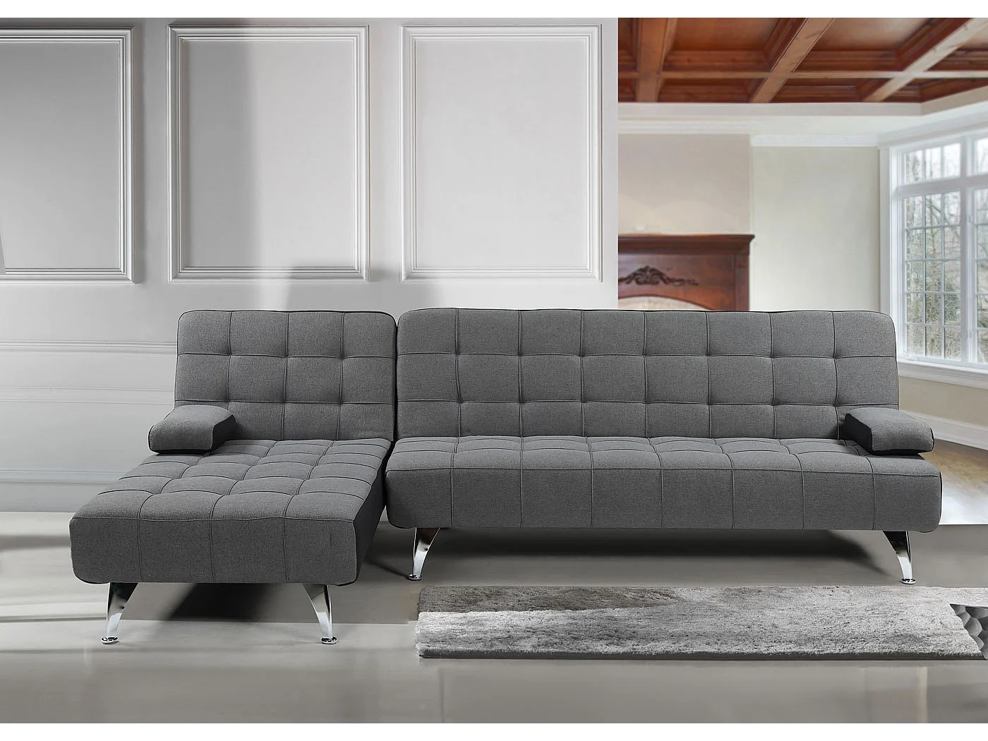 Divano letto angolare con penisola sofà reclinabile MCW-K22 legno tessuto grigio scuro e nero