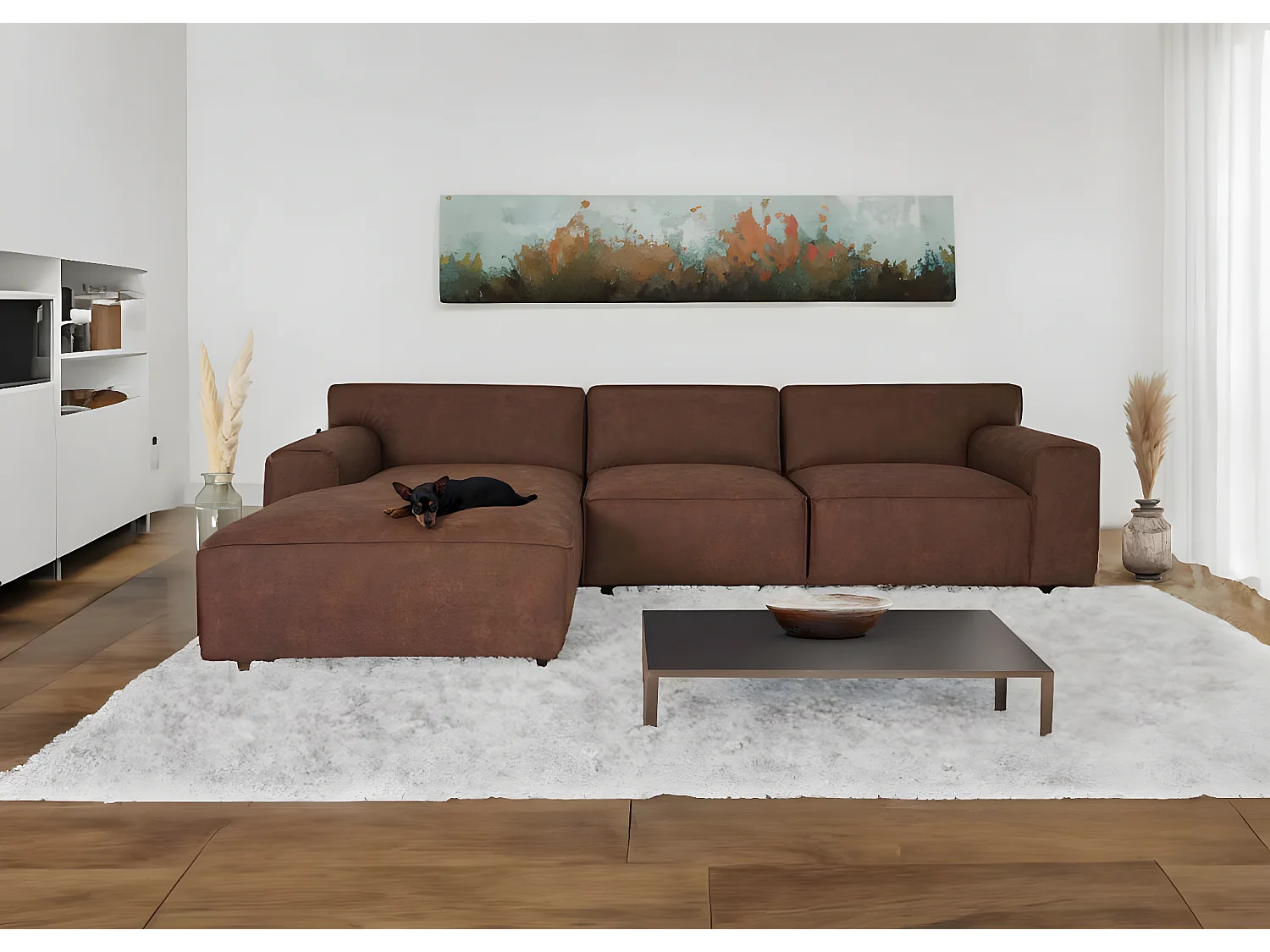 Ecksofa MCW-J59 Ottomane links, Kunstleder braun
