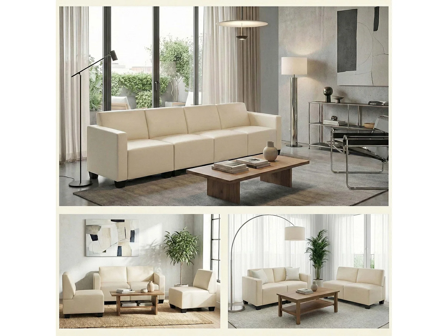 Canapé 4 places Moncalieri, Canapé 4 places lounge/salon Lyon, système modulaire, simili-cuir, crème