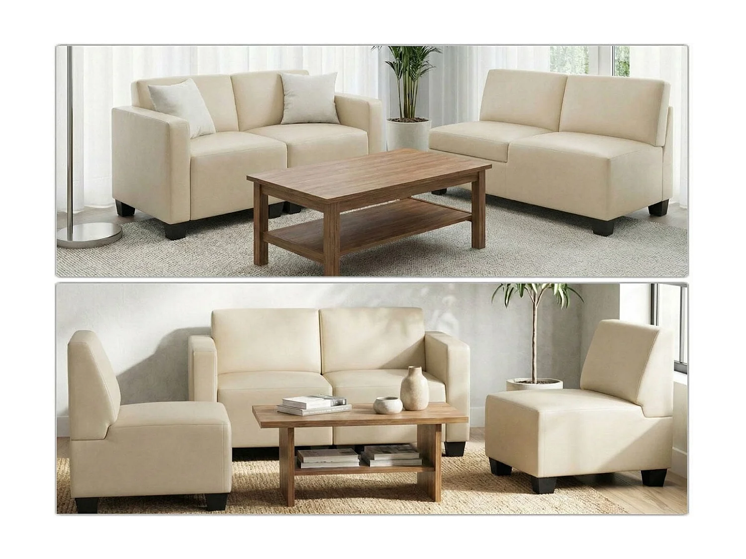 Canapé 4 places Moncalieri, Canapé 4 places lounge/salon Lyon, système modulaire, simili-cuir, crème