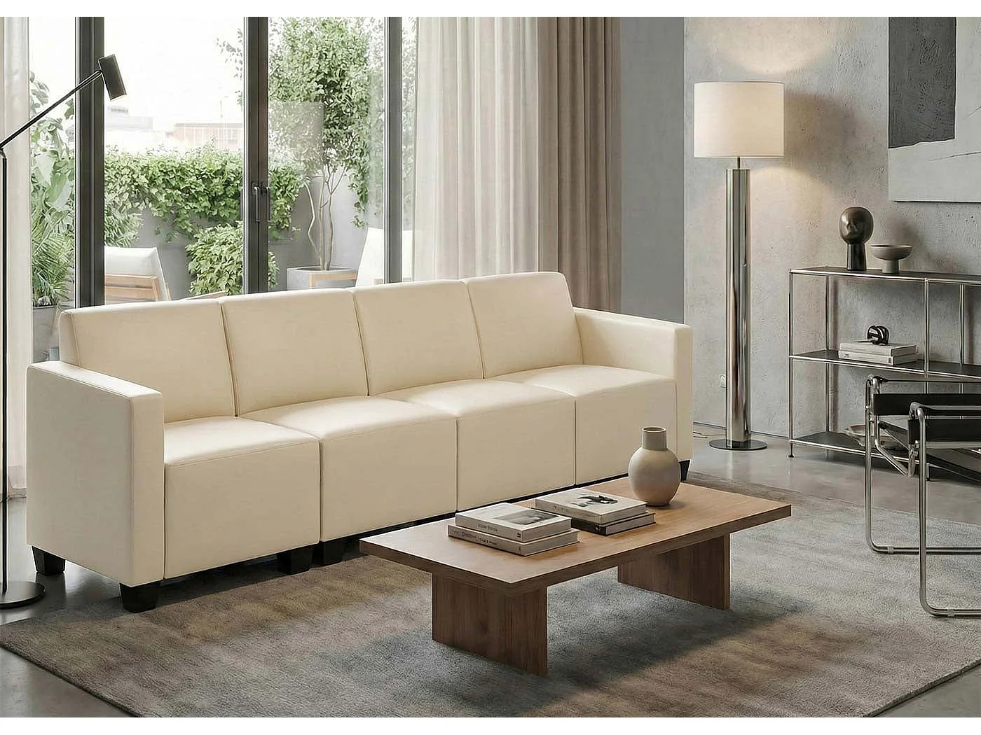 Canapé 4 places Moncalieri, Canapé 4 places lounge/salon Lyon, système modulaire, simili-cuir, crème