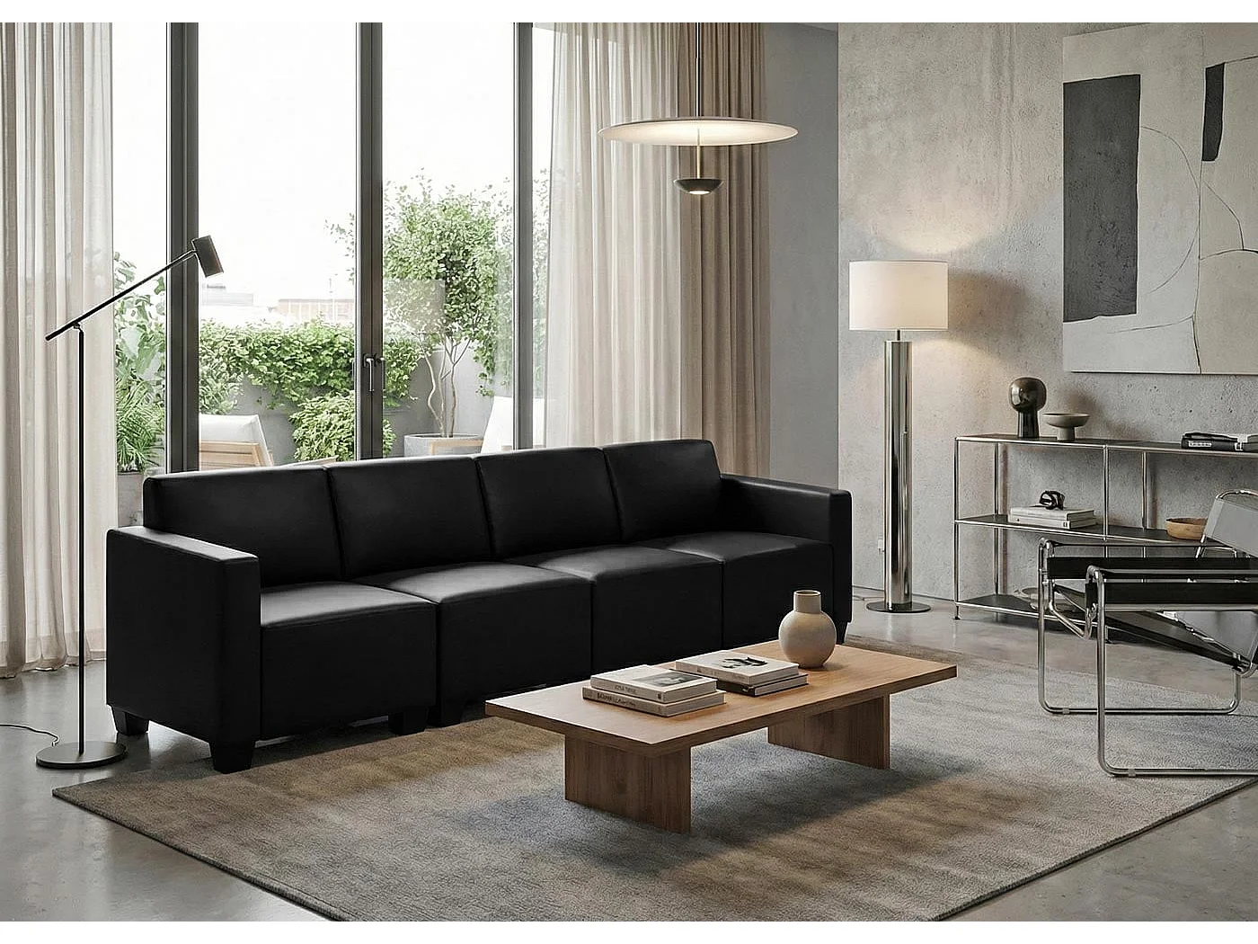 Canapé 4 places Moncalieri, Canapé 4 places lounge/salon Lyon, système modulaire, simili-cuir, noir