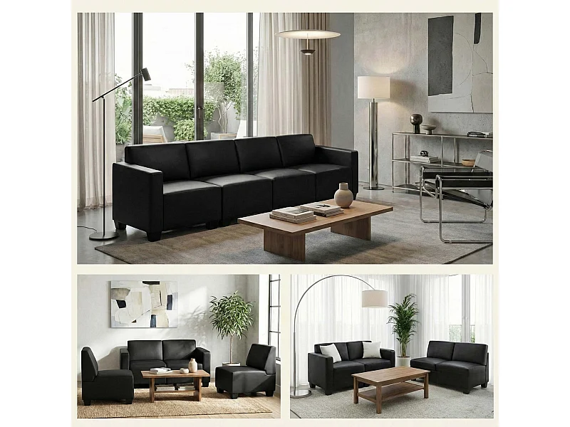 Canapé 4 places Moncalieri, Canapé 4 places lounge/salon Lyon, système modulaire, simili-cuir, noir