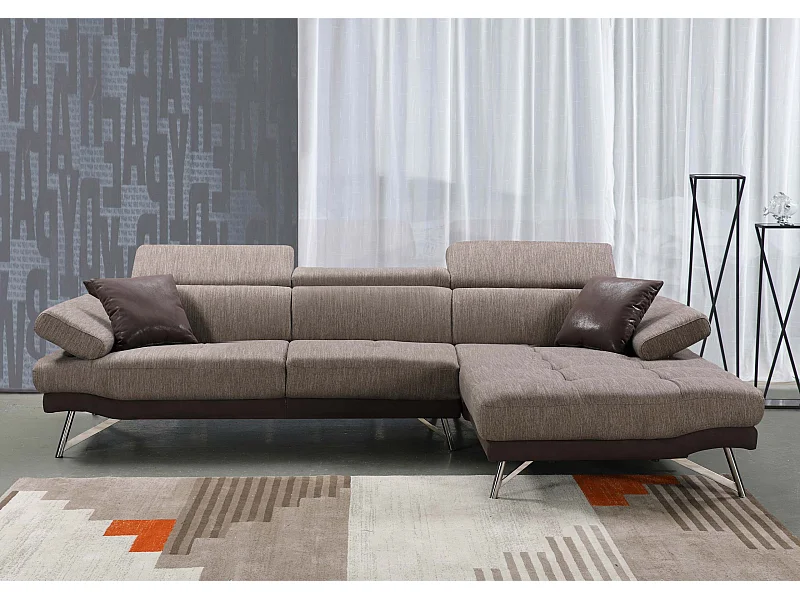 Divano angolare a L 3 posti MCW-H92 tessuto marrone penisola a sinistra
