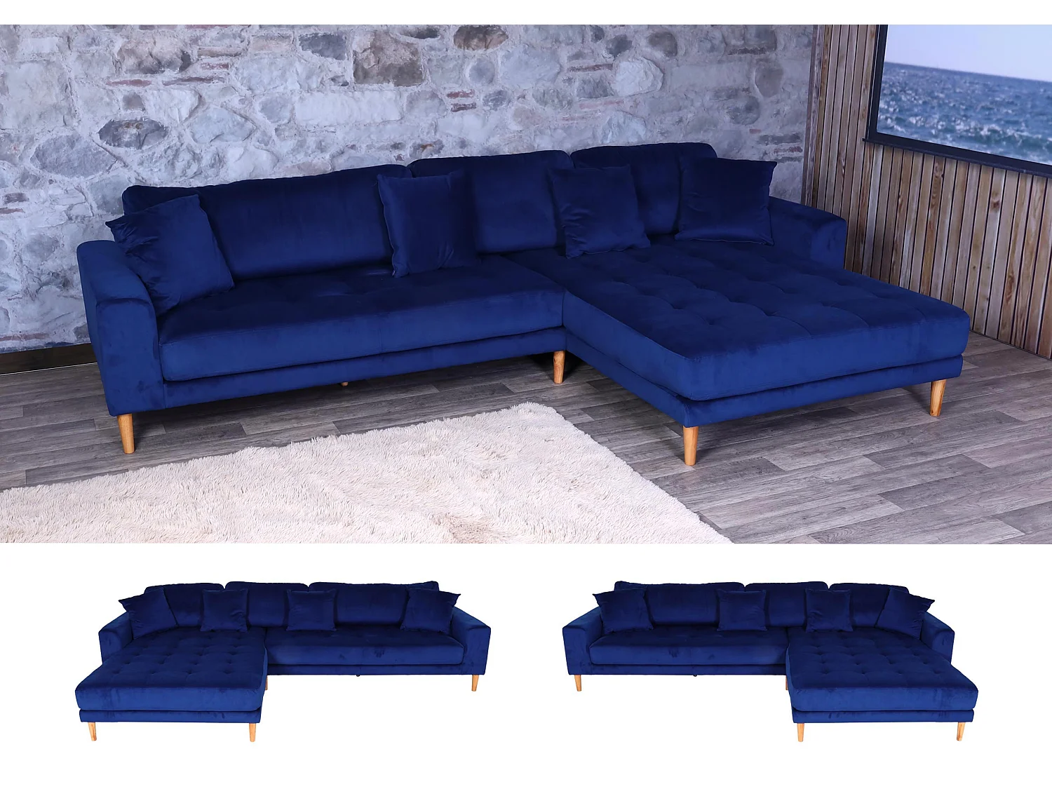 Hoekbank MCW-J54,  fluweel blauw