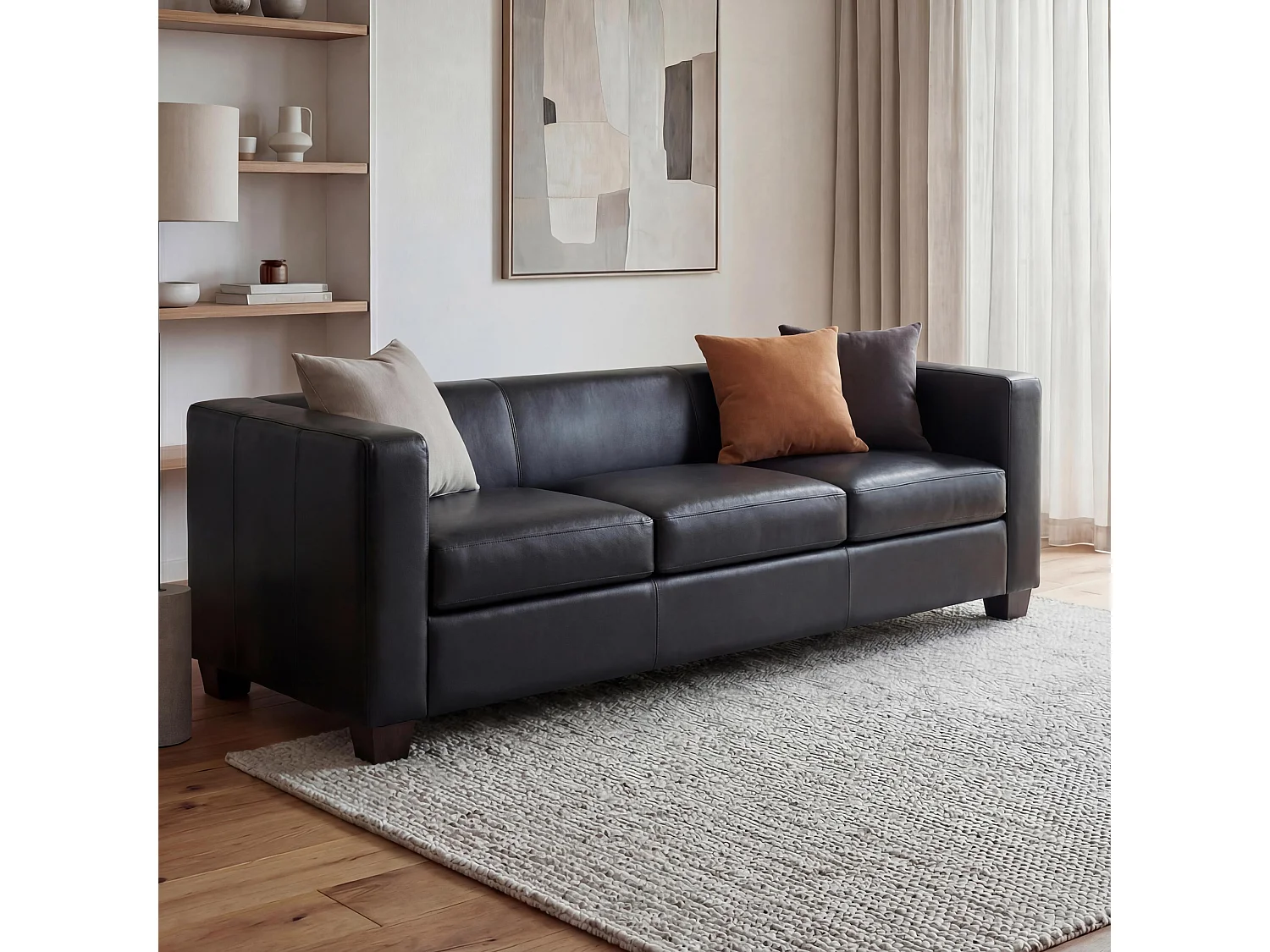 Divano sofa 3 posti lounge moderno elegante serie Lille M65 75x191x70cm ~ ecopelle nero