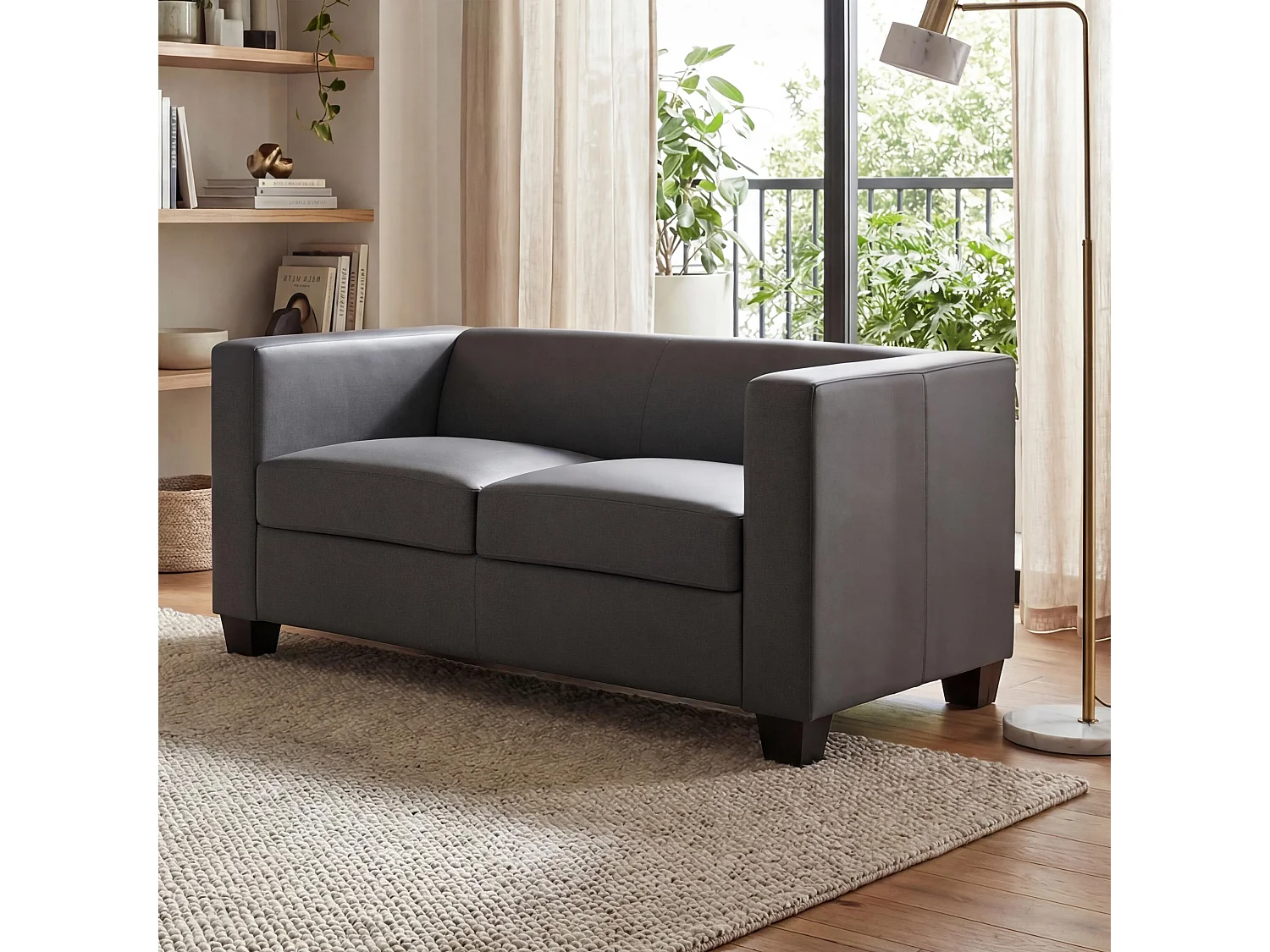 Small 2-seater sofa,  faux leather, dark grey