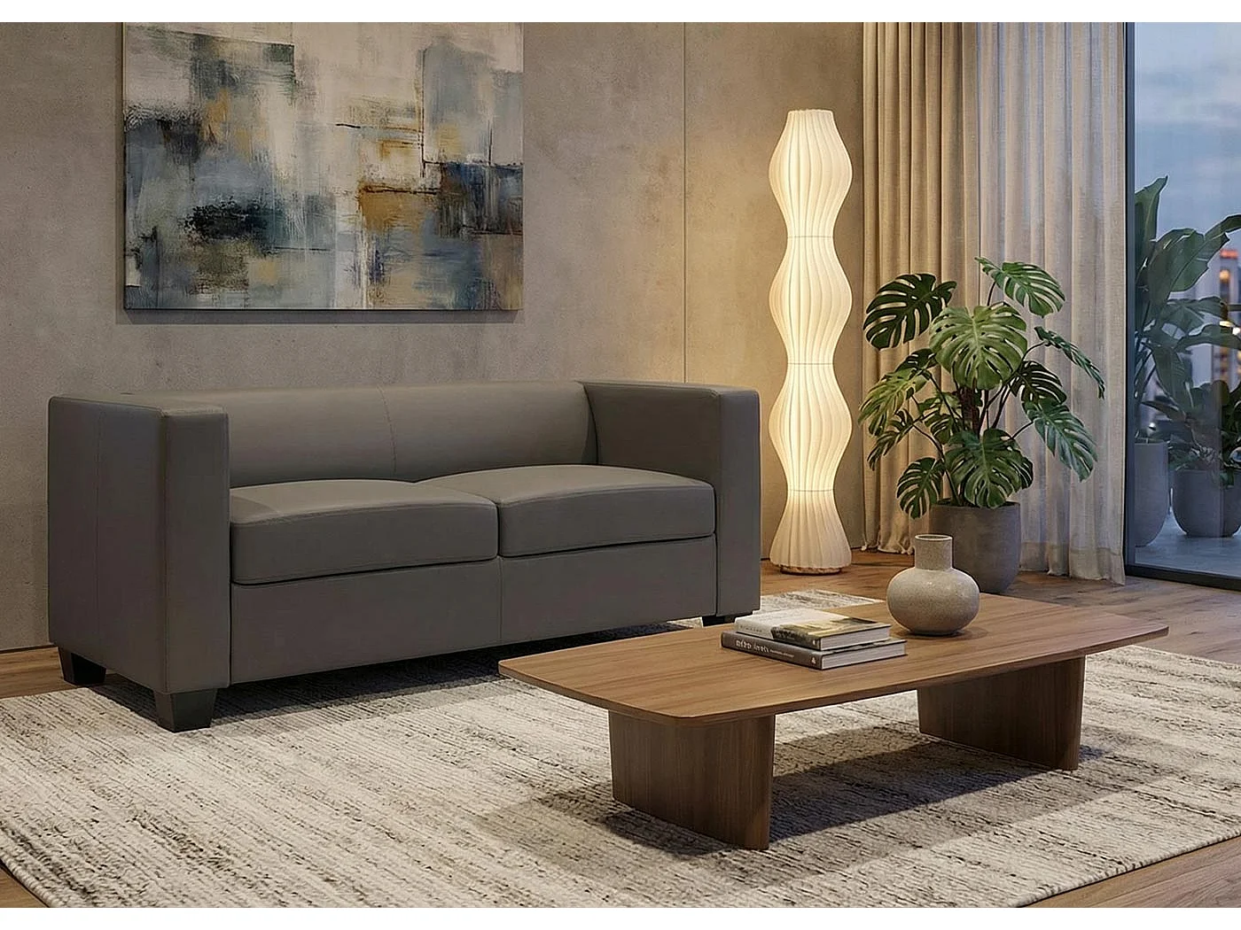 Small 2-seater sofa,  faux leather, dark grey