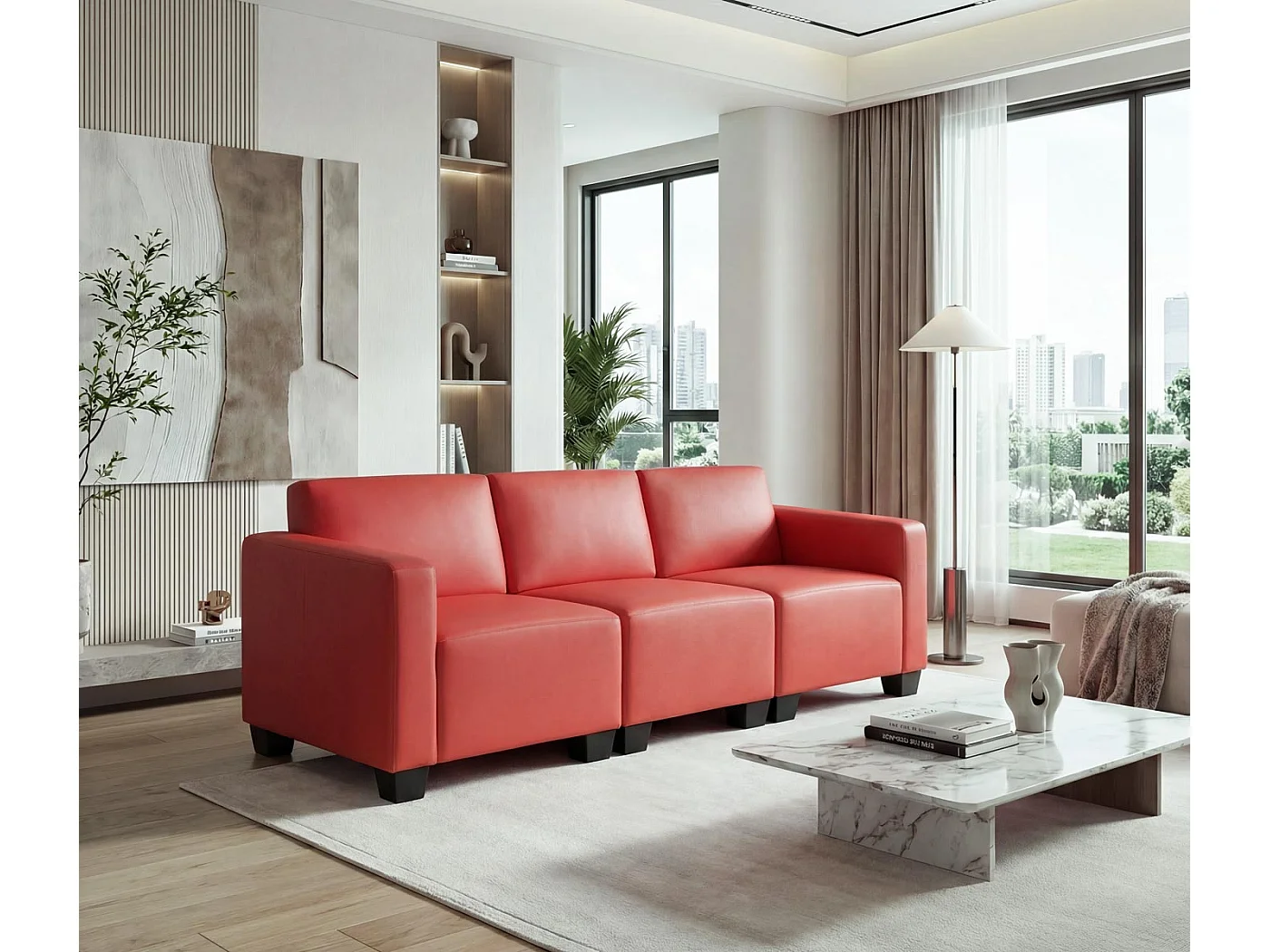 Salotto modulare componibile lounge moderno Lione N71 ecopelle divano 3 posti ~ rosso