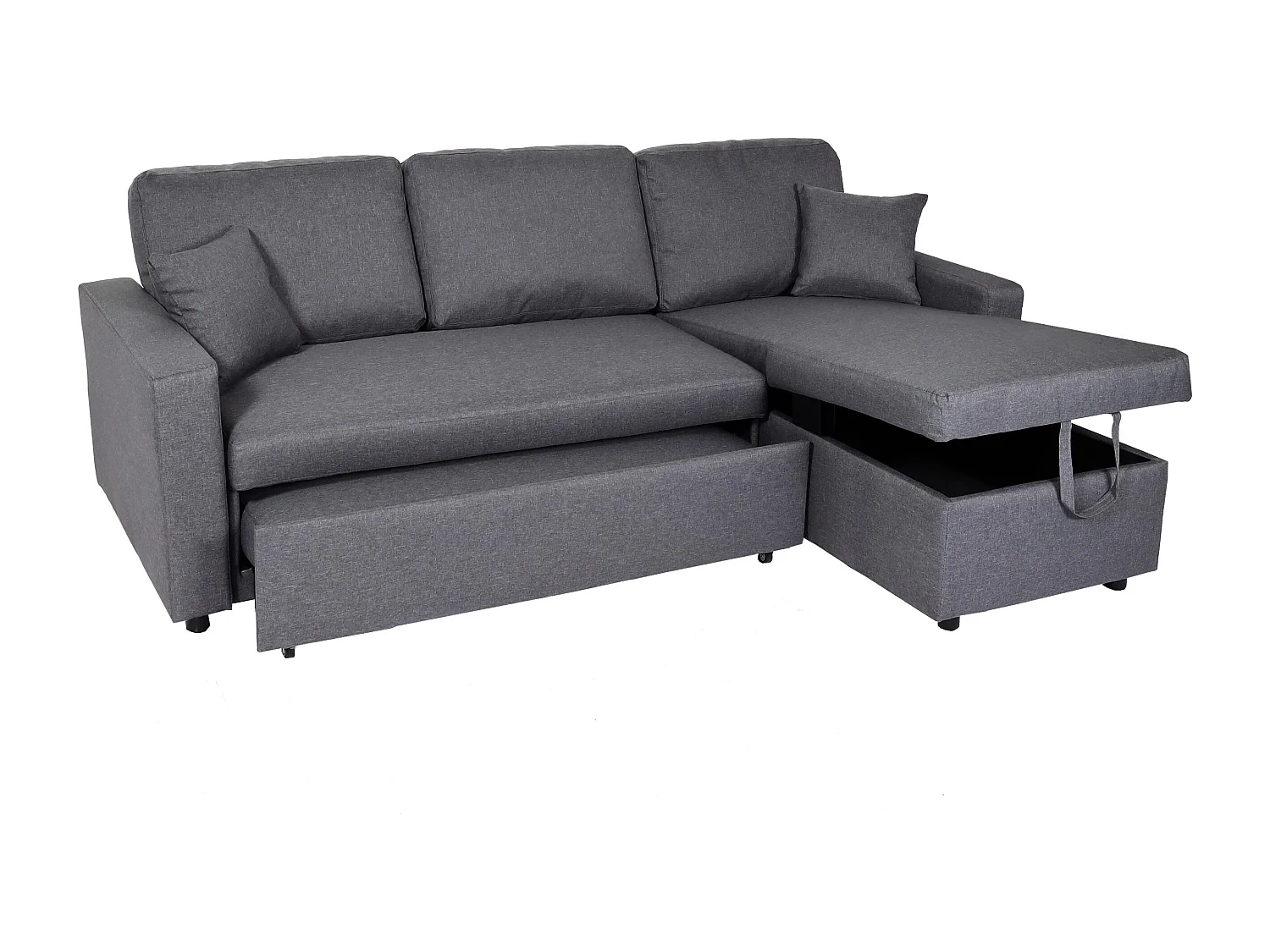 Divano letto angolare contenitore con penisola sofà reclinabile MCW-L17 legno tessuto ~ grigio scuro