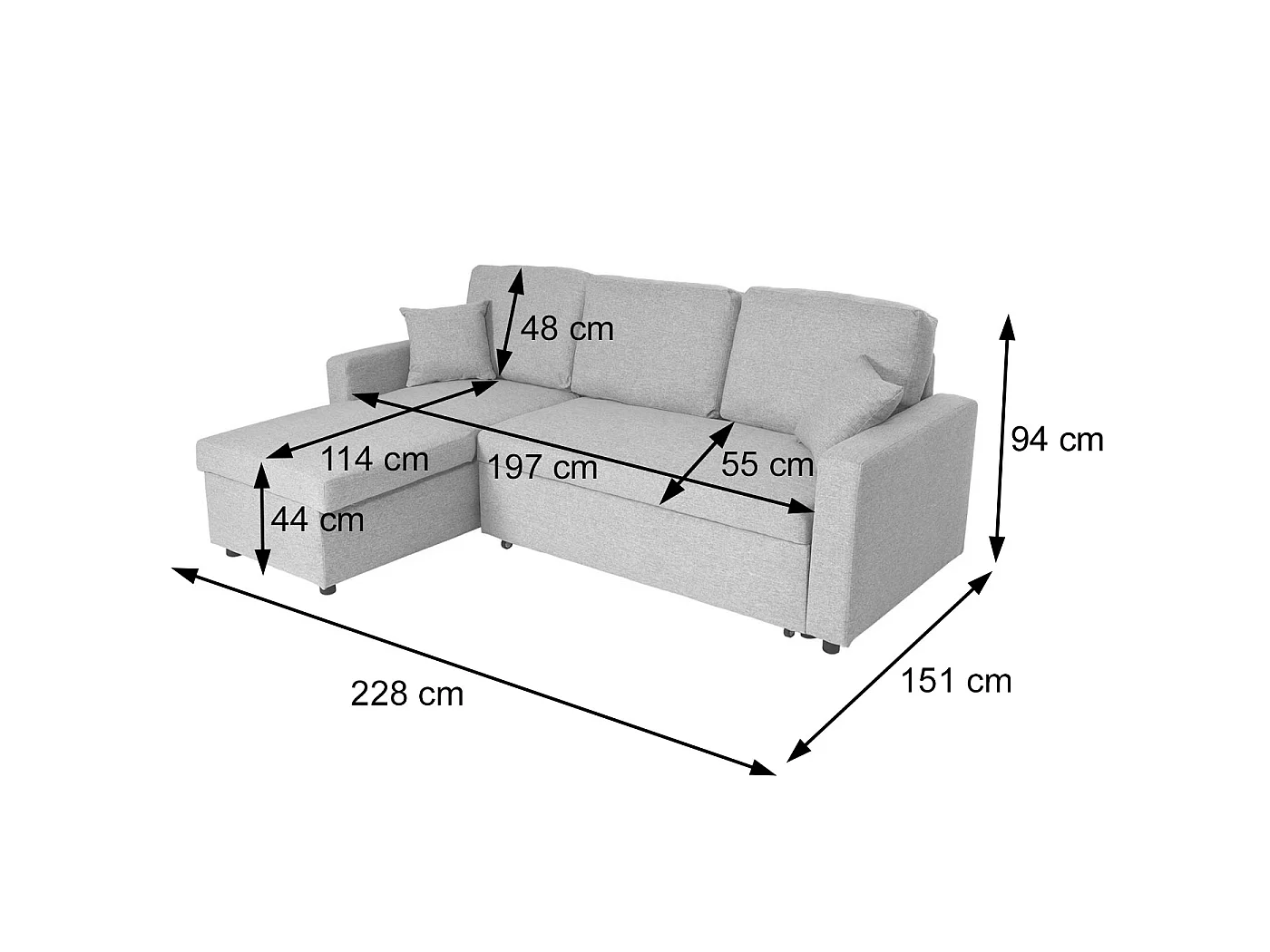 Divano letto angolare contenitore con penisola sofà reclinabile MCW-L17 legno tessuto ~ grigio scuro