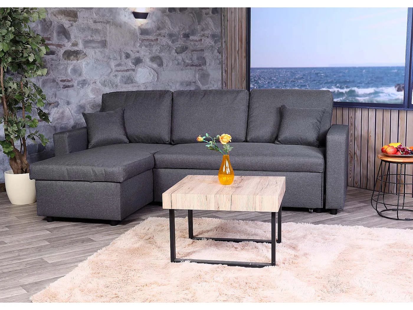 Divano letto angolare contenitore con penisola sofà reclinabile MCW-L17 legno tessuto ~ grigio scuro