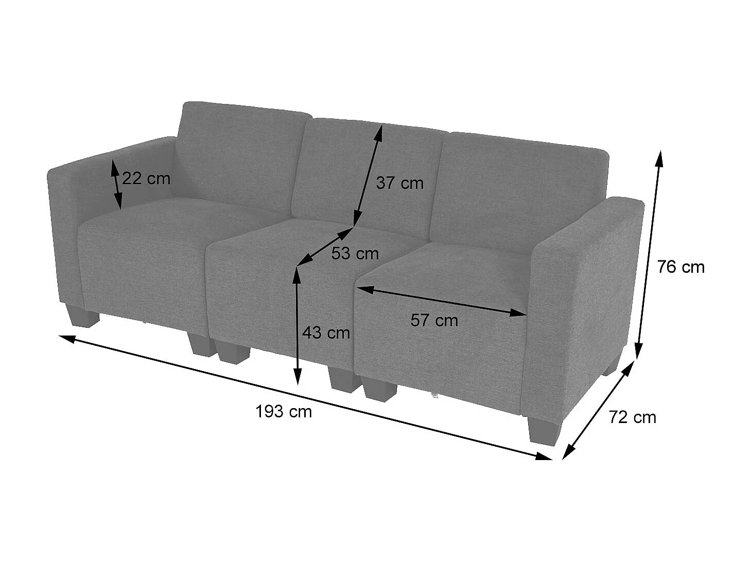 Canapé modulaire 3 places Moncalieri,  gris anthracite