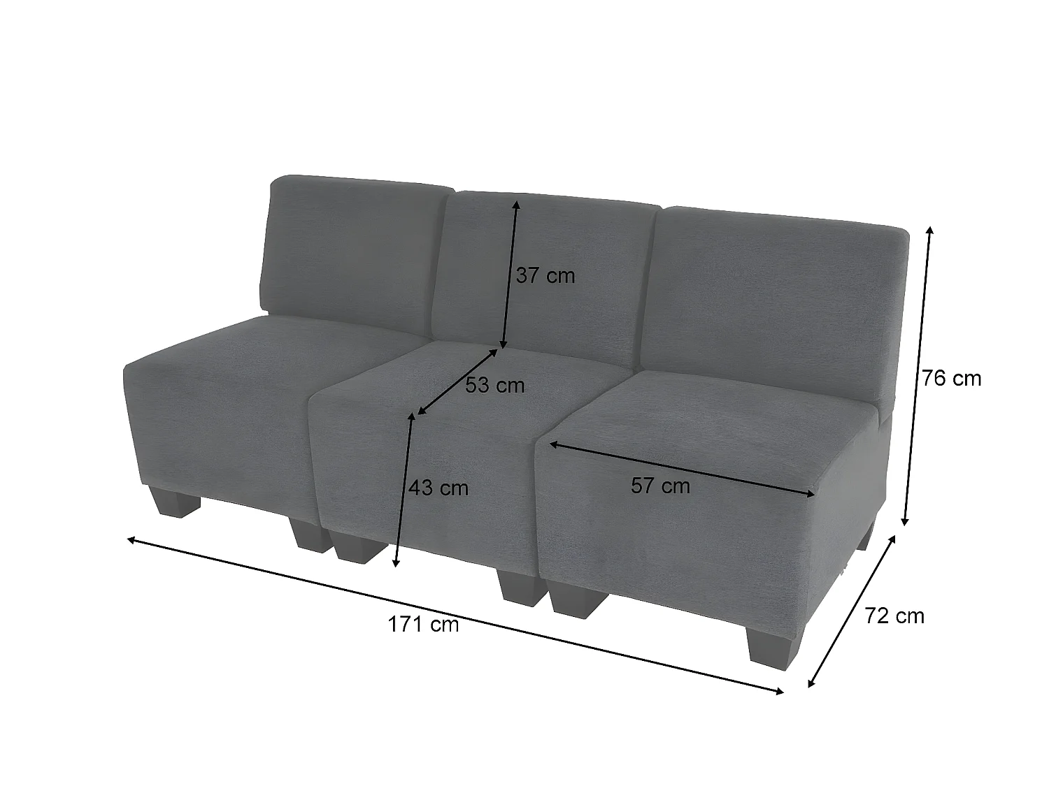 Modular Canapé 3 places Moncalieri,  gris anthracite, sans accoudoirs