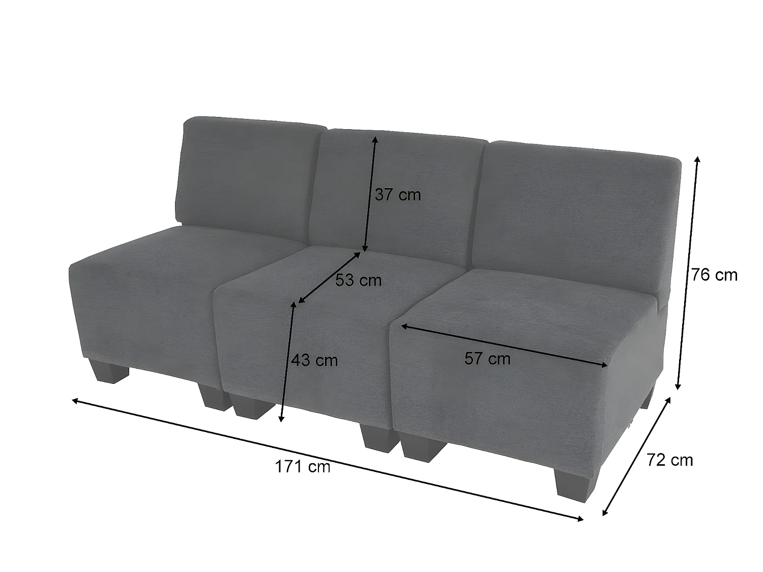 Modular Canapé 3 places Moncalieri,  gris anthracite, sans accoudoirs