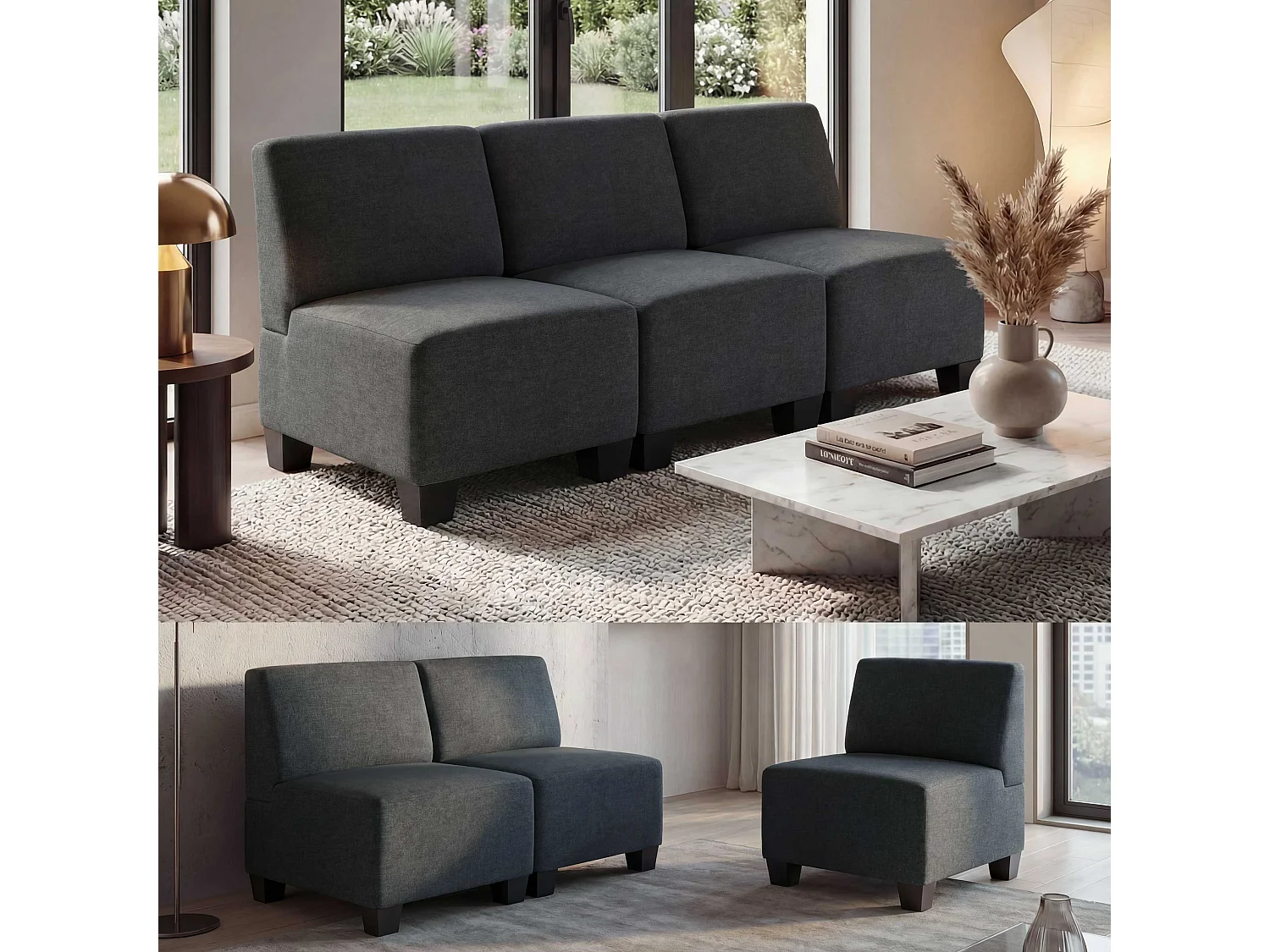 Modułowa sofa 3-osobowa Moncalieri,  antracytowo-szara, bez podłokietników