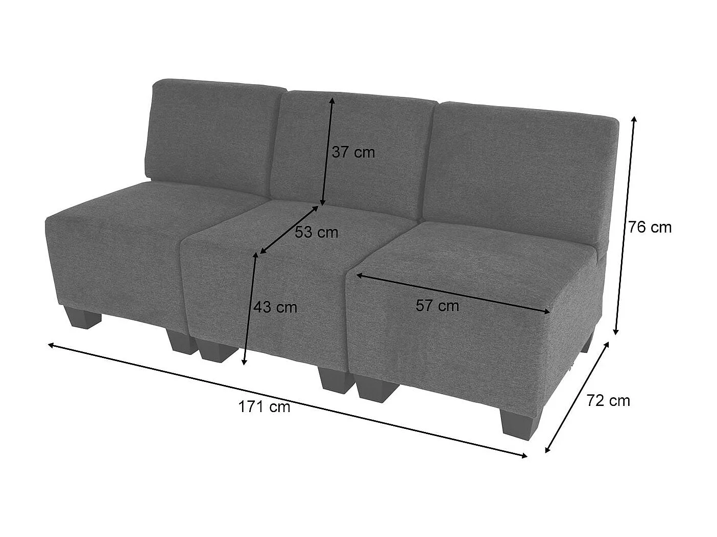 Modułowa sofa 3-osobowa Moncalieri,  antracytowo-szara, bez podłokietników
